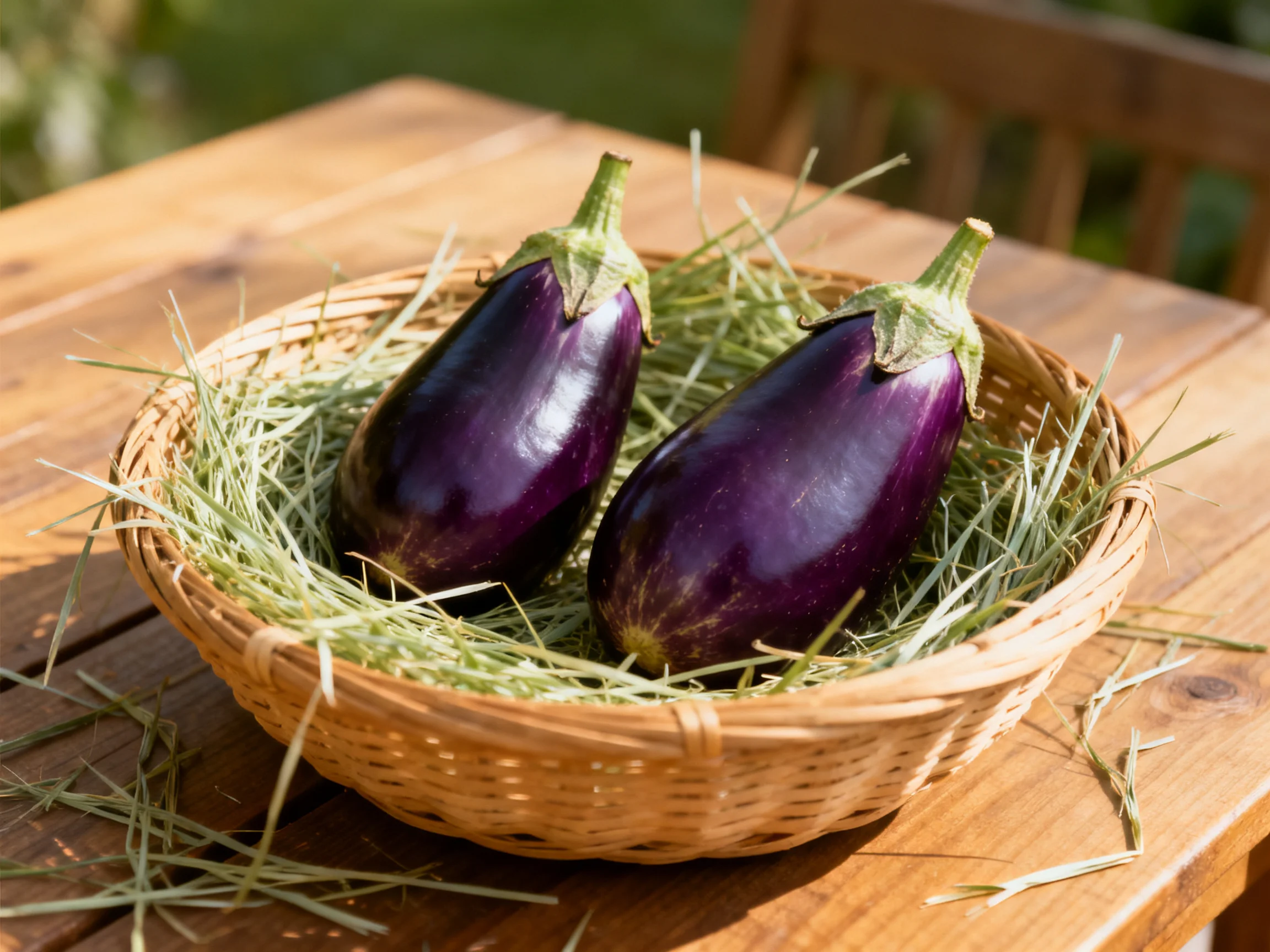Two glossy purple eggplants rest in a wicker basket lined with straw on a wooden table