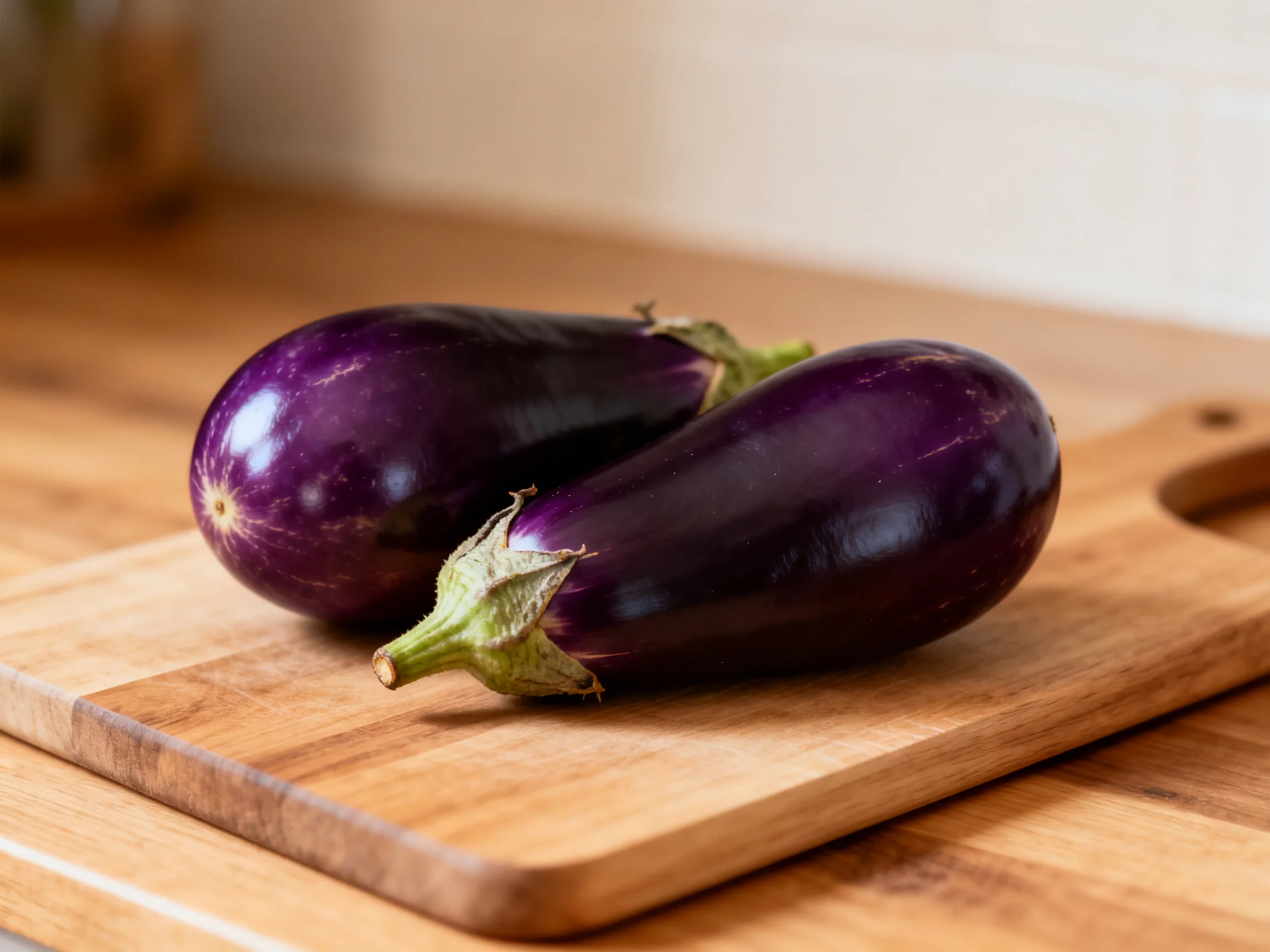 Two glossy purple eggplants rest on a wooden cutting board
