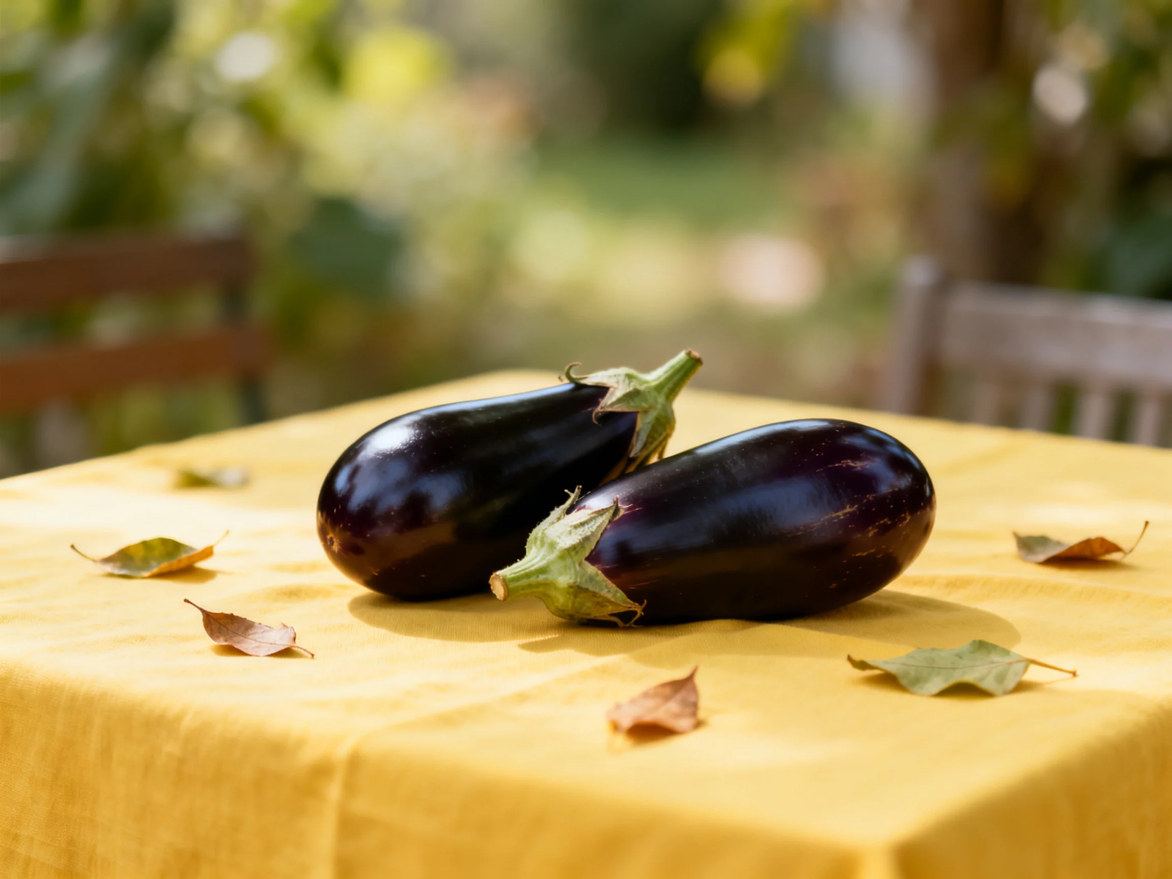 Two glossy purple eggplants rest on a yellow tablecloth with scattered dry leaves