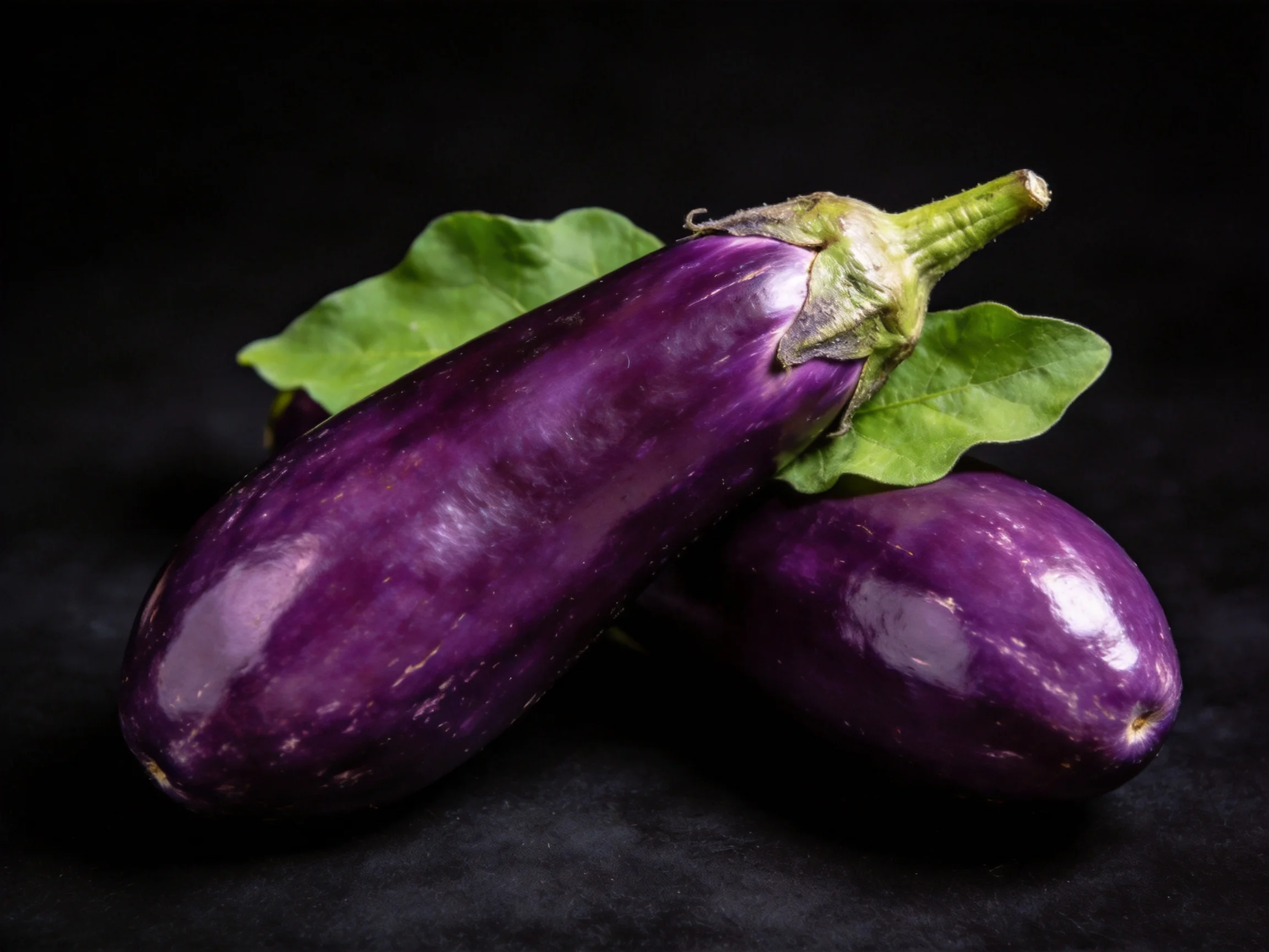 Two glossy purple eggplants with green leaves on a dark background