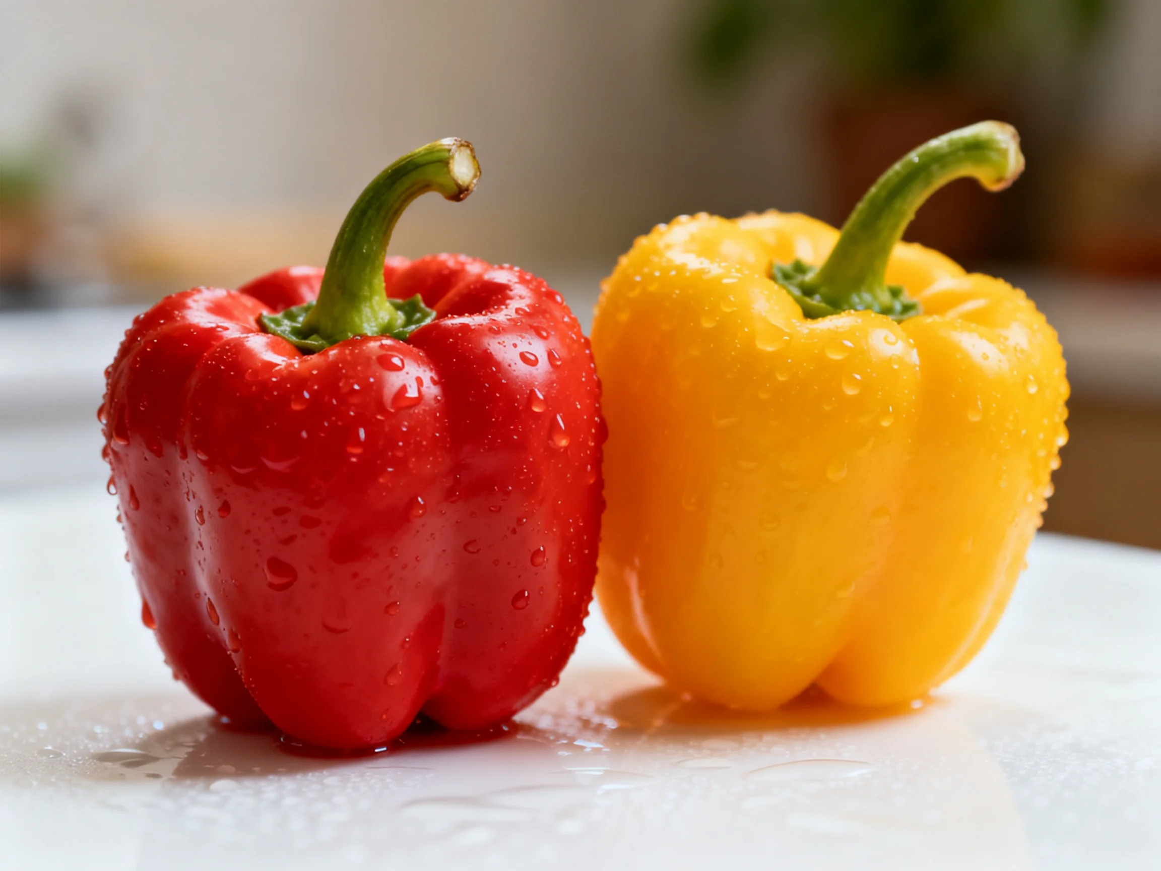 Two glossy red and yellow bell peppers glisten with water droplets