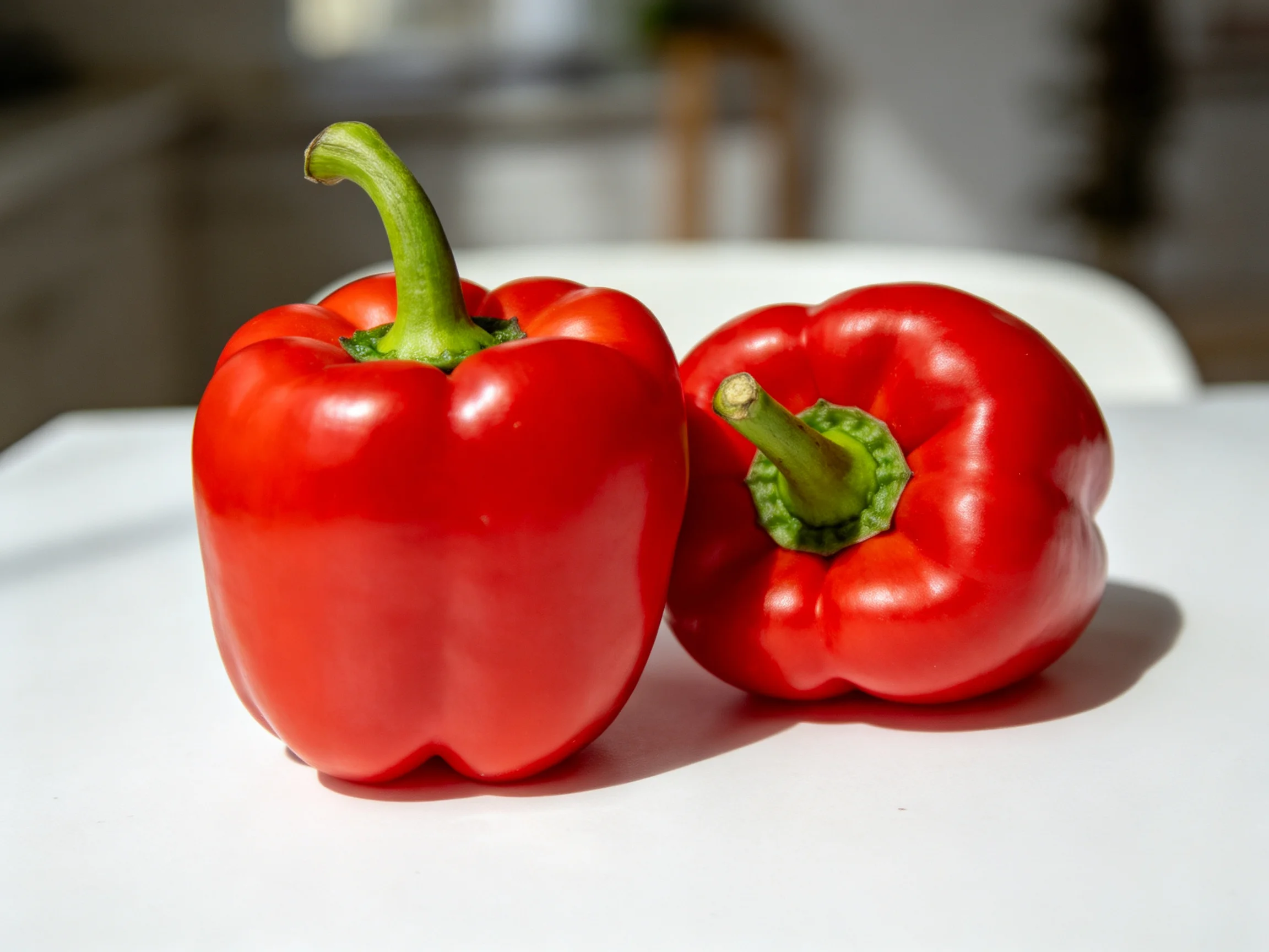 Two glossy red bell peppers rest on a white surface in bright light