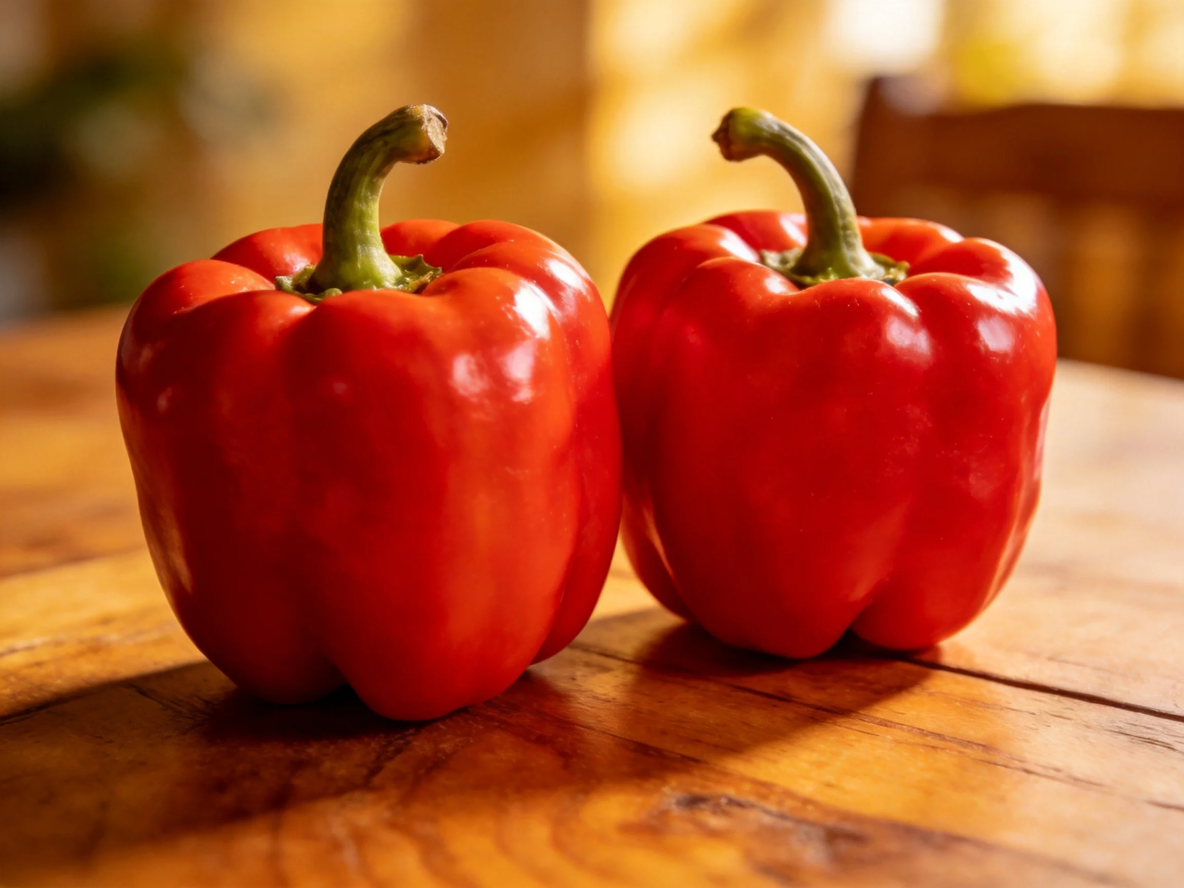 Two glossy red bell peppers sit on a wooden table