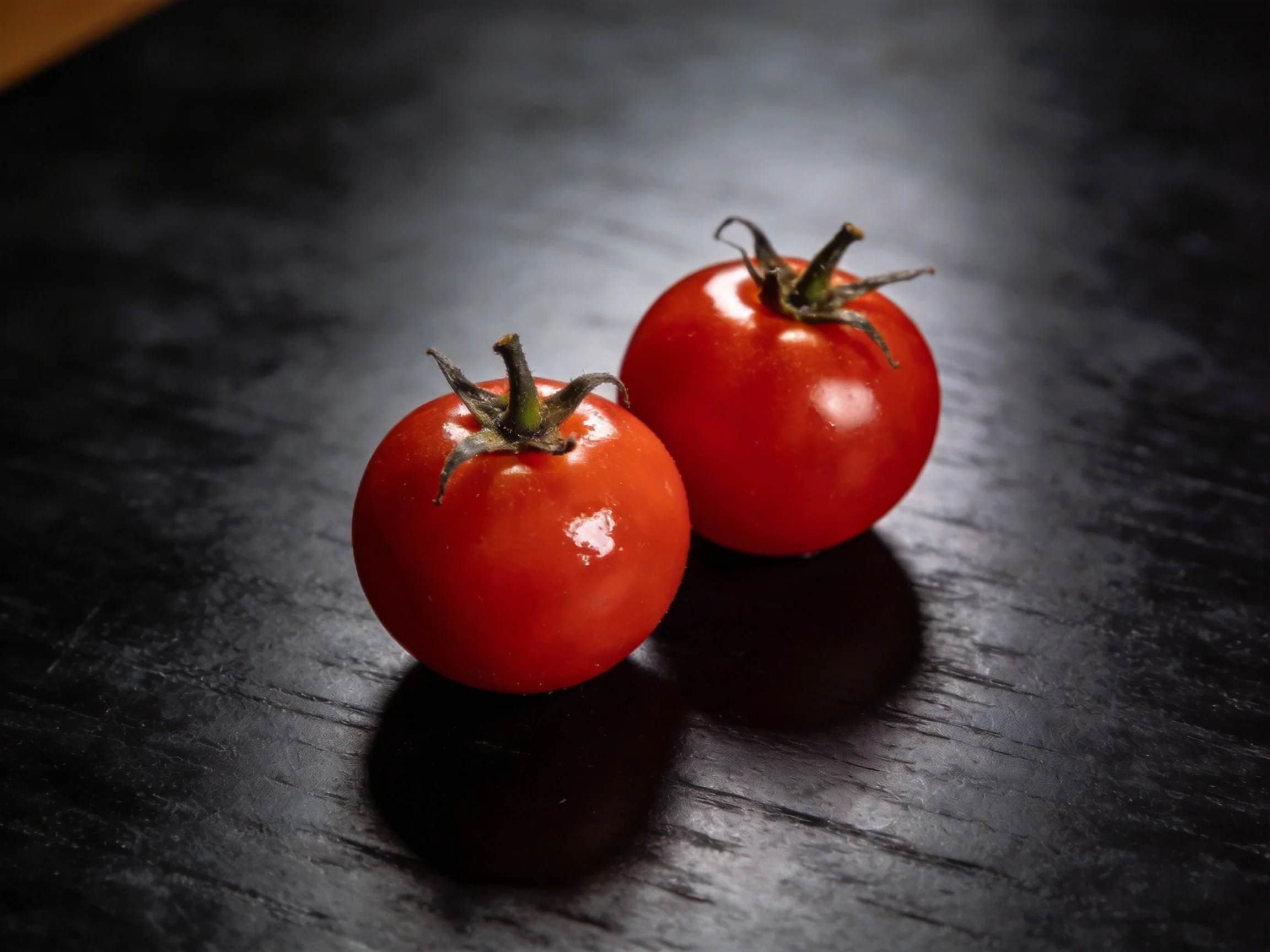 Two glossy red cherry tomatoes rest on a dark wooden surface