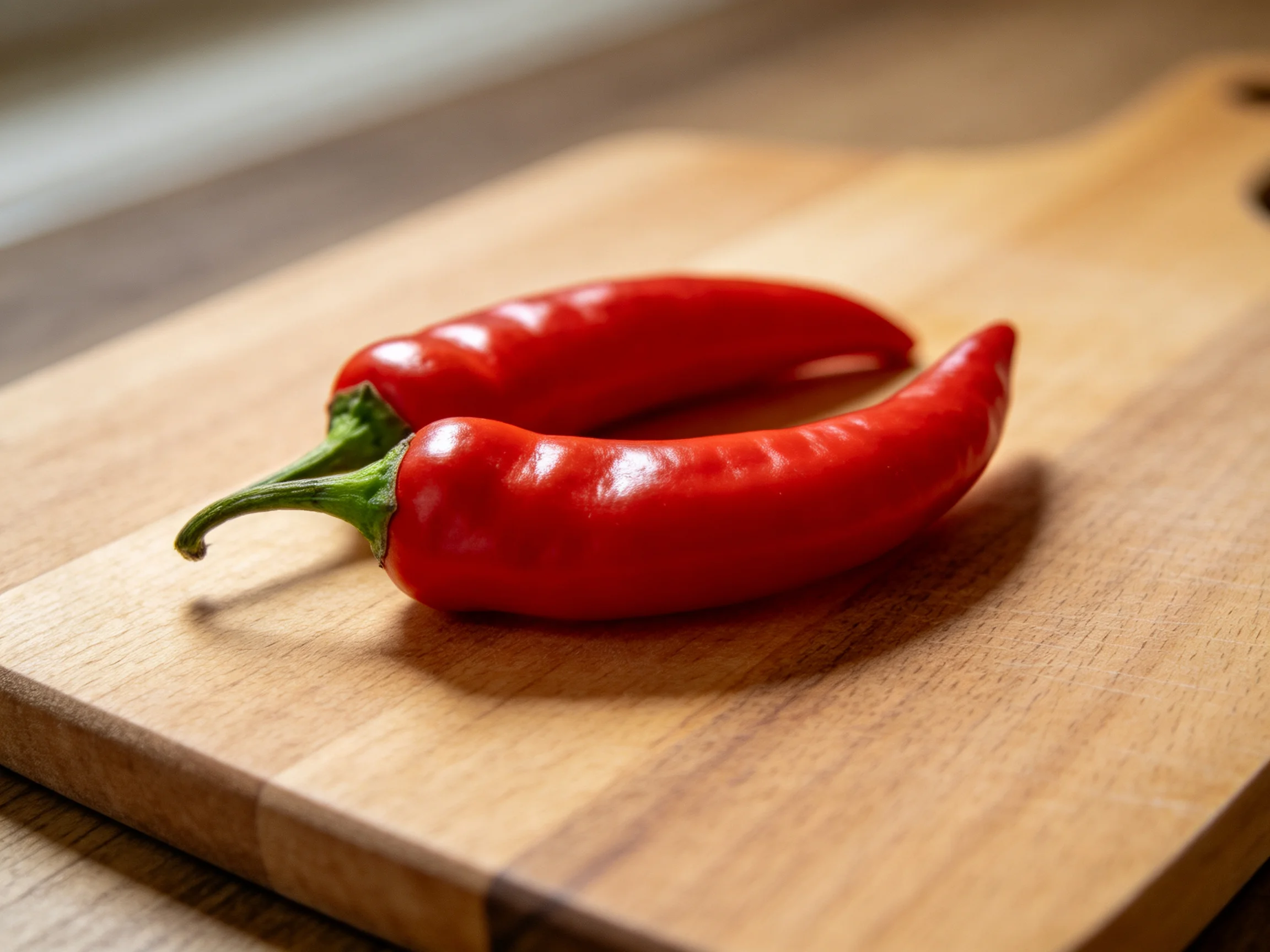 Two glossy red chili peppers rest on a wooden cutting board