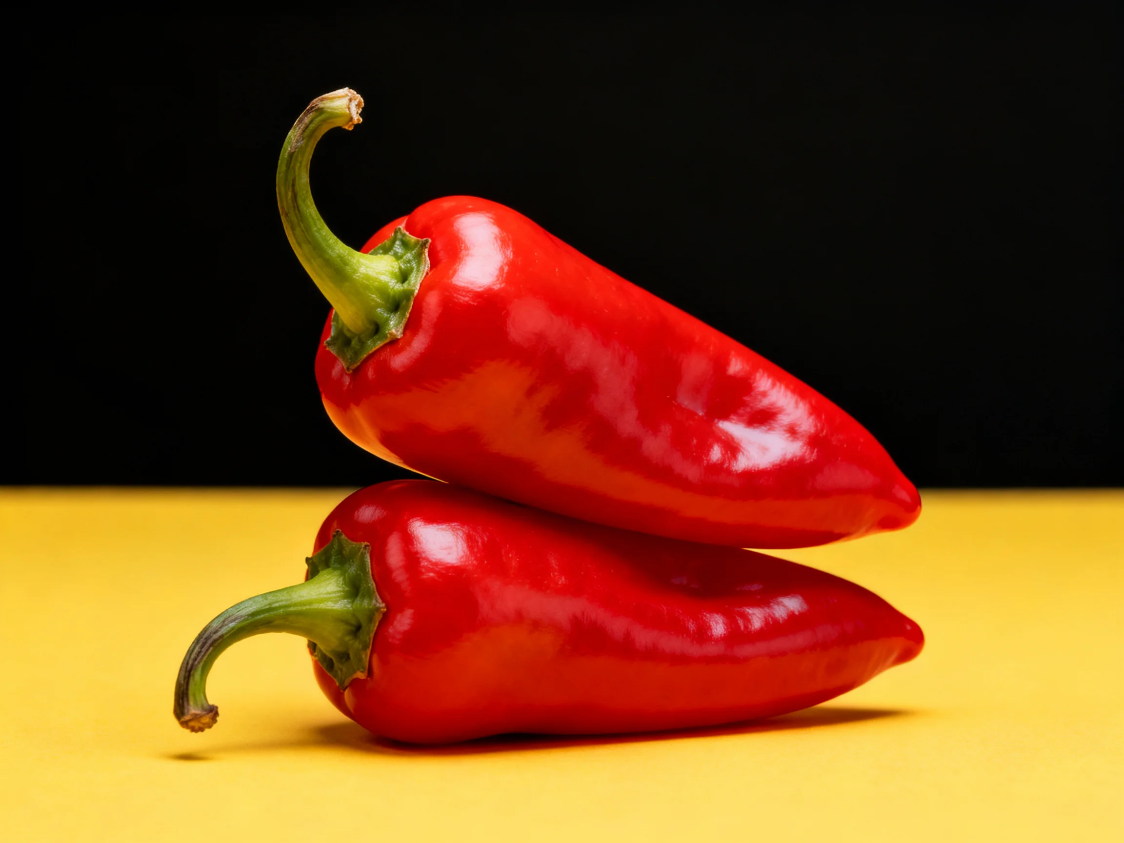Two glossy red chili peppers stacked on a bright yellow surface
