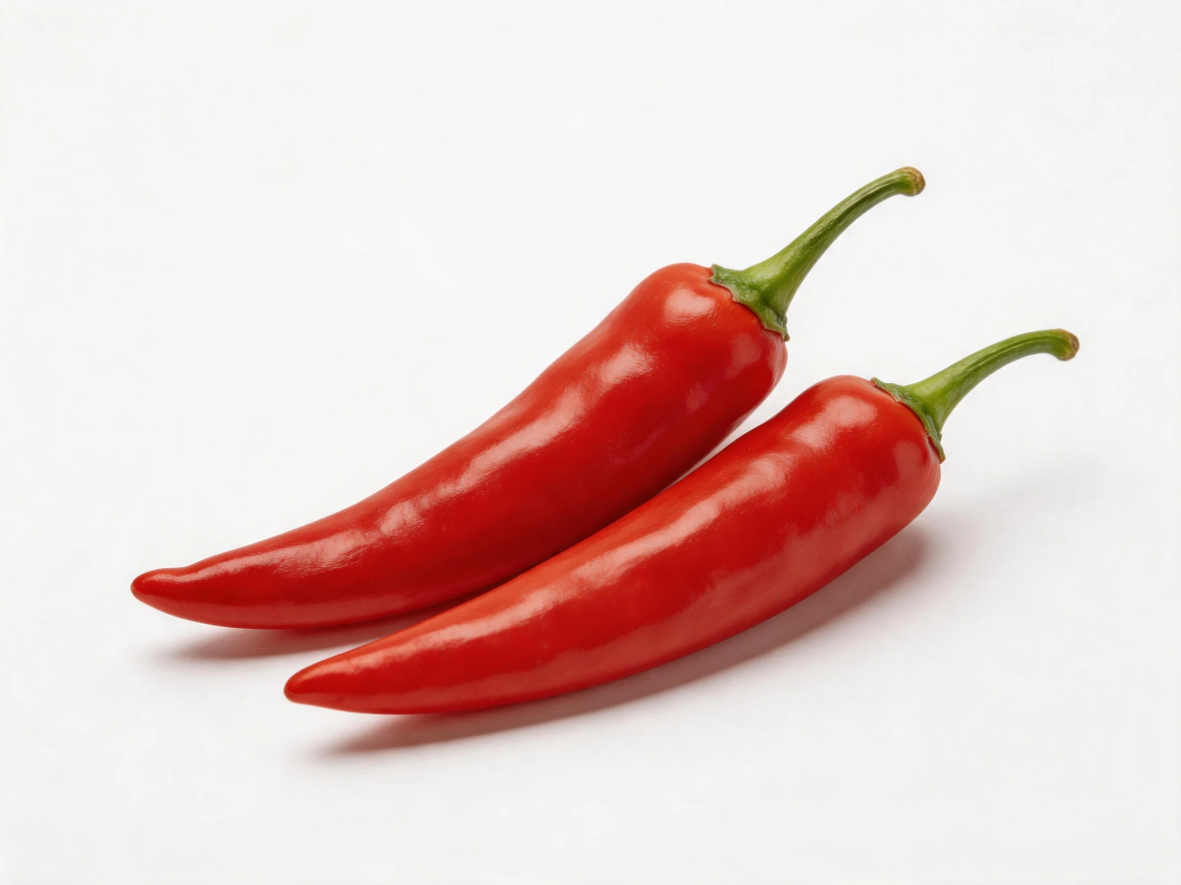 Two glossy red chili peppers with green stems on a white background