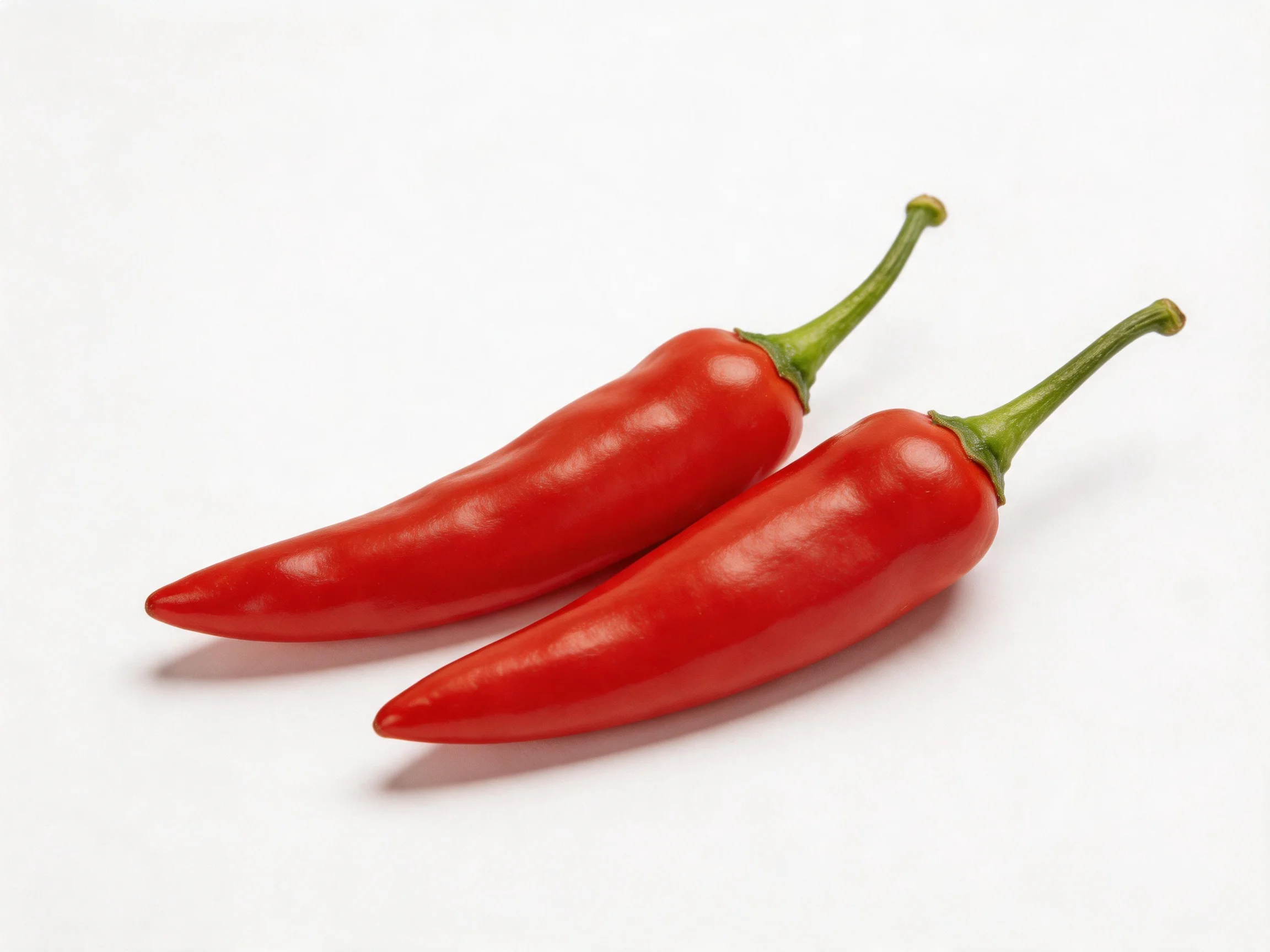 Two glossy red chili peppers with green stems on a white background