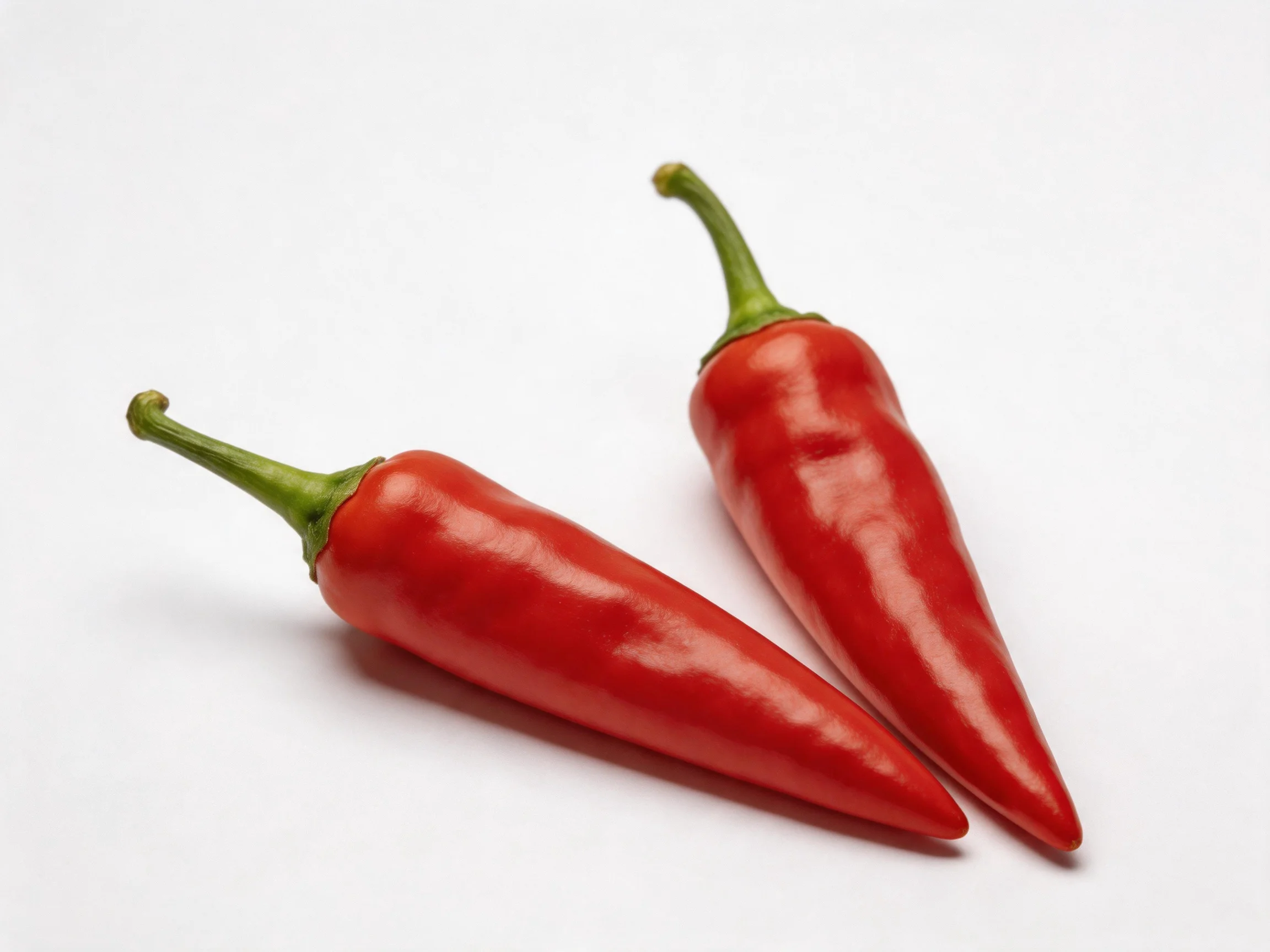 Two glossy red chili peppers with green stems on a white background