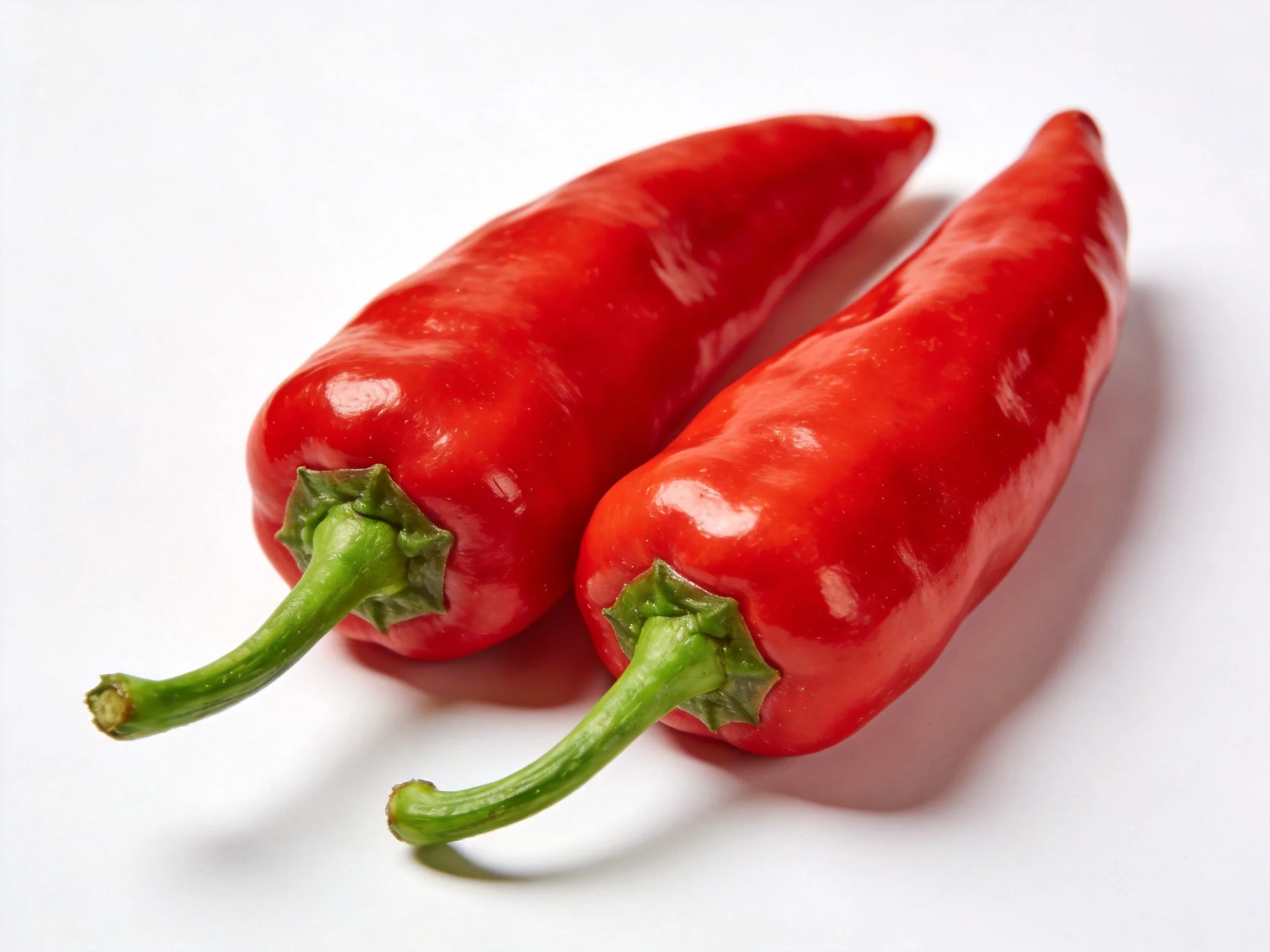 Two glossy red chili peppers with green stems on white surface