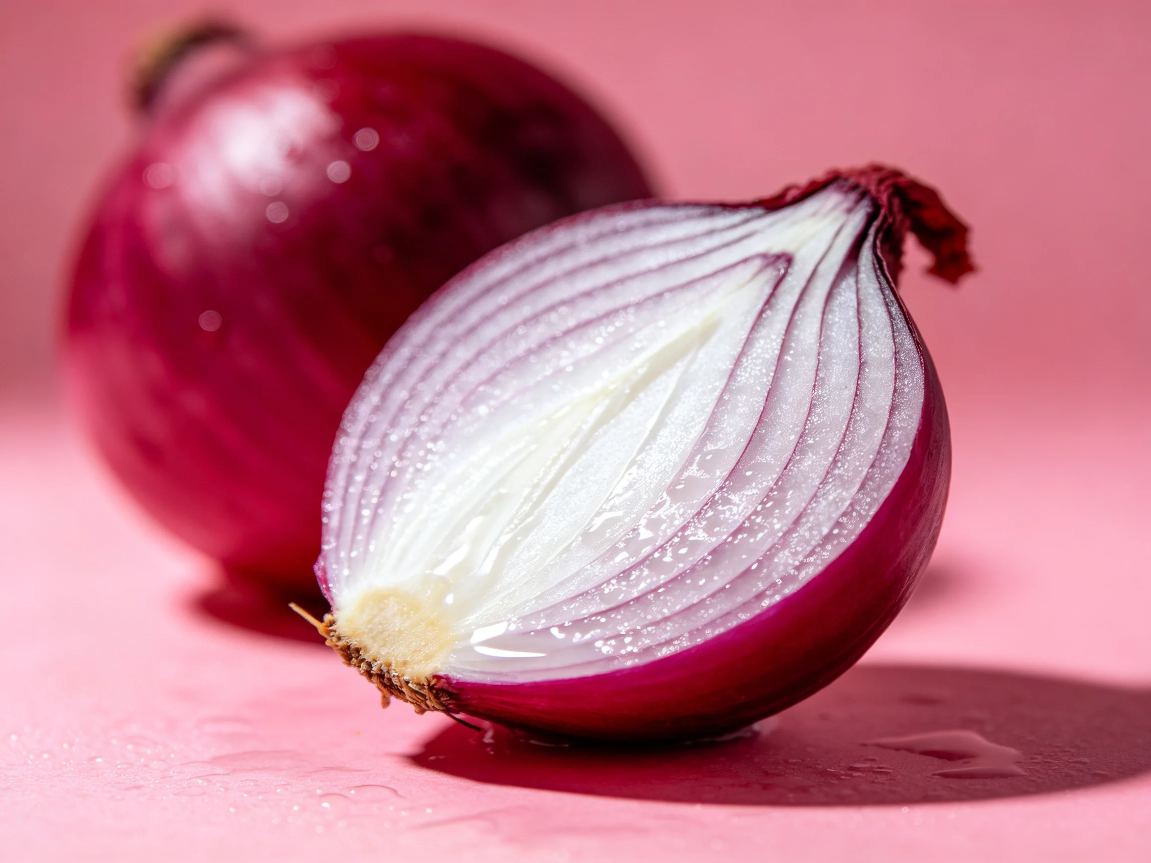 Two glossy red onions, one halved, displayed on a pink surface