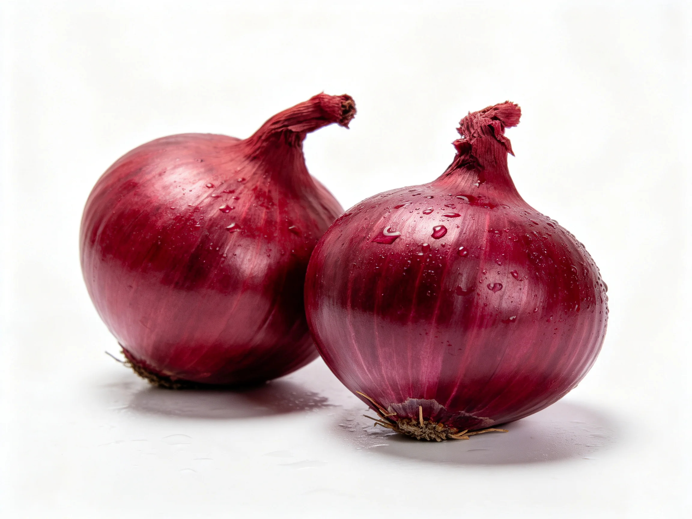 Two glossy red onions with water droplets on white surface