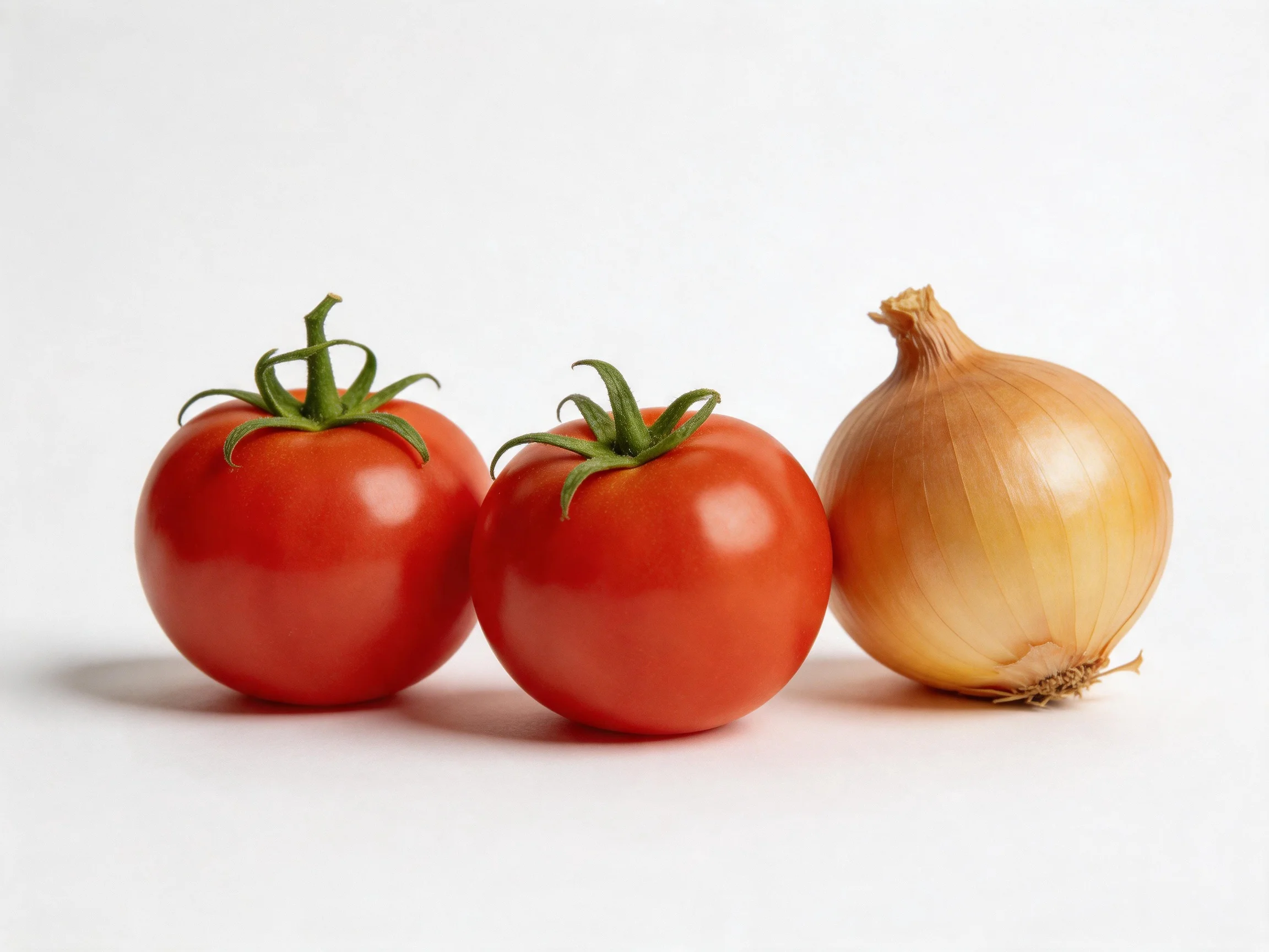 Two glossy red tomatoes beside a golden-brown onion