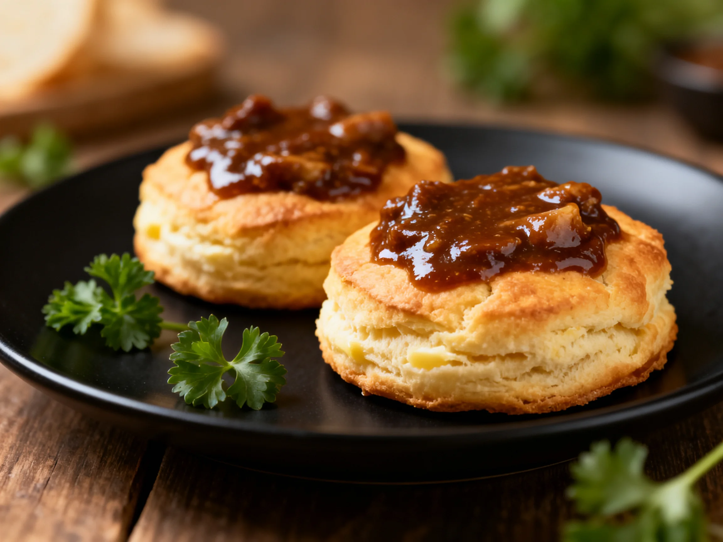 Two golden biscuits topped with brown sauce on a black plate