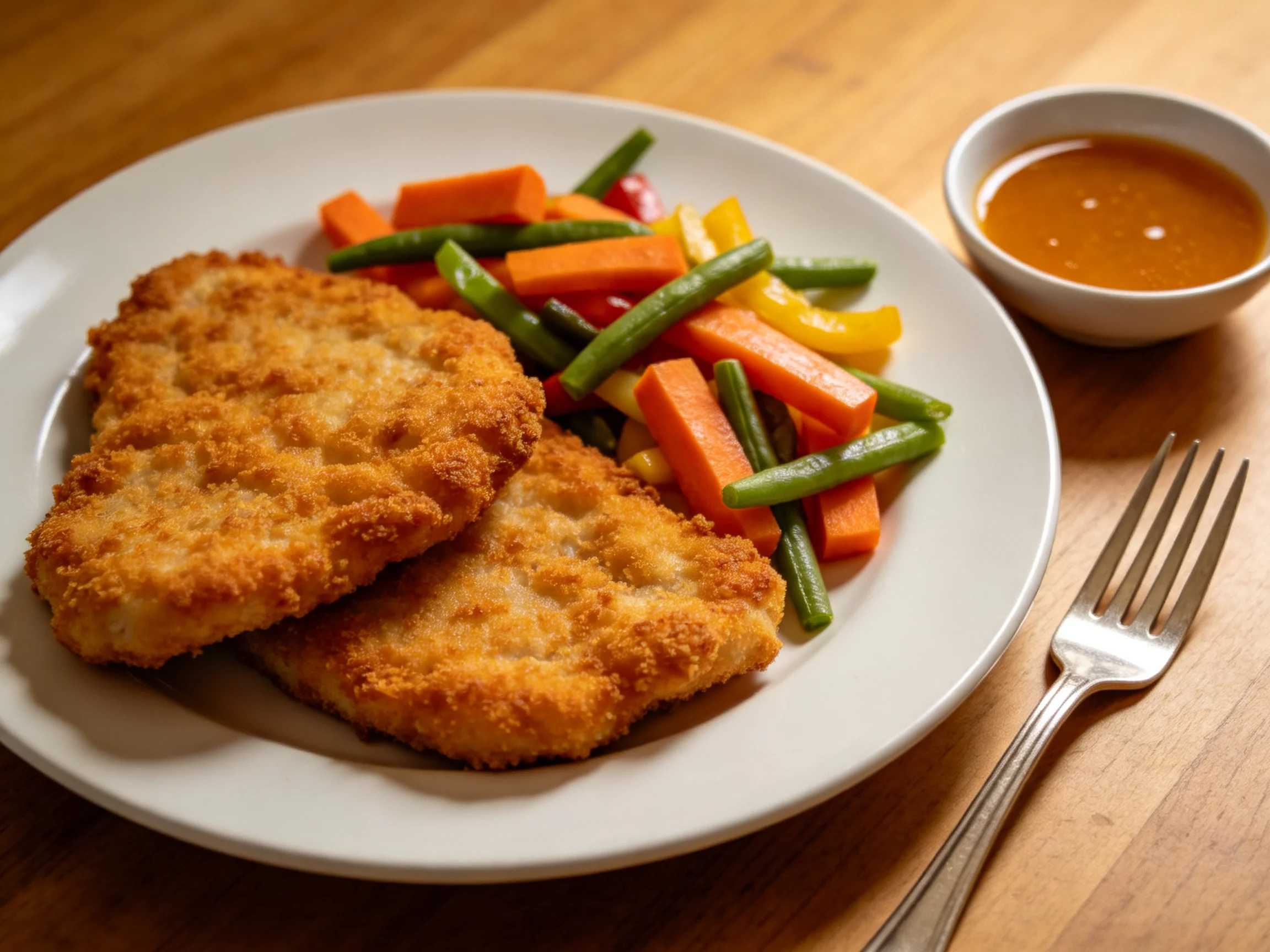 Two golden-brown breaded cutlets with mixed vegetables and sauce on a wooden table