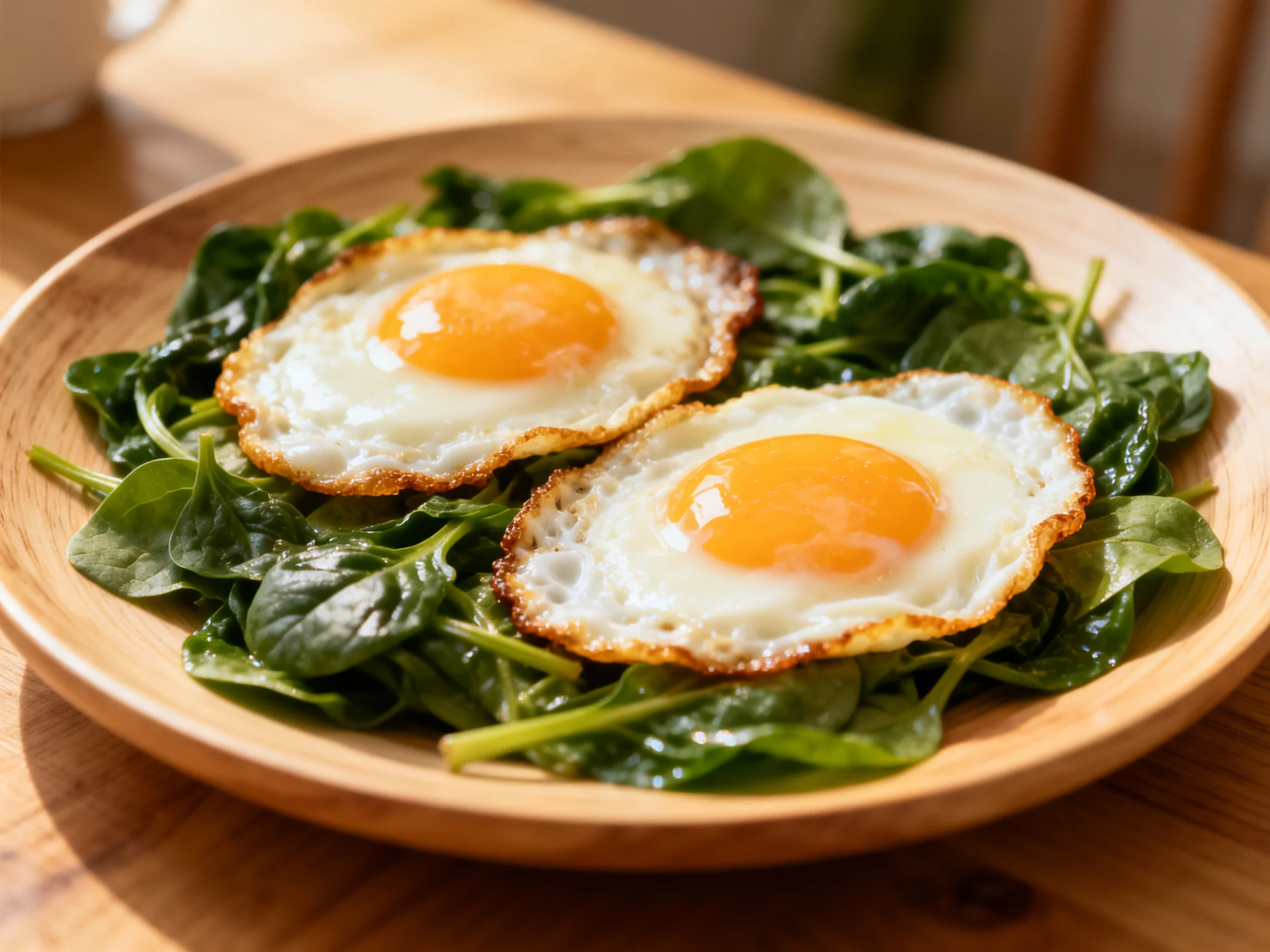 Two golden-brown fried eggs served over fresh green spinach in a wooden dish
