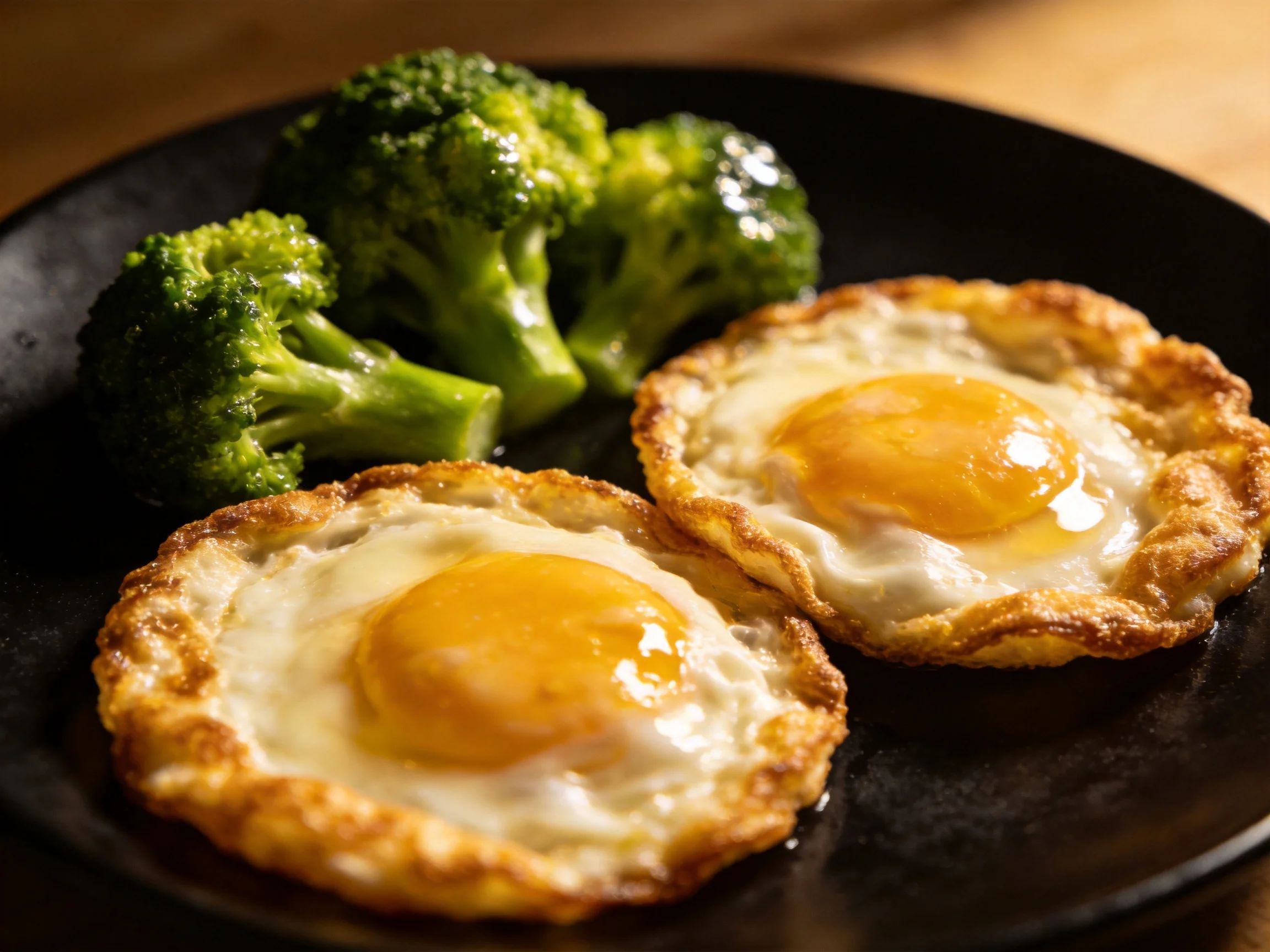 Two golden-brown fried eggs with bright green broccoli on a dark plate