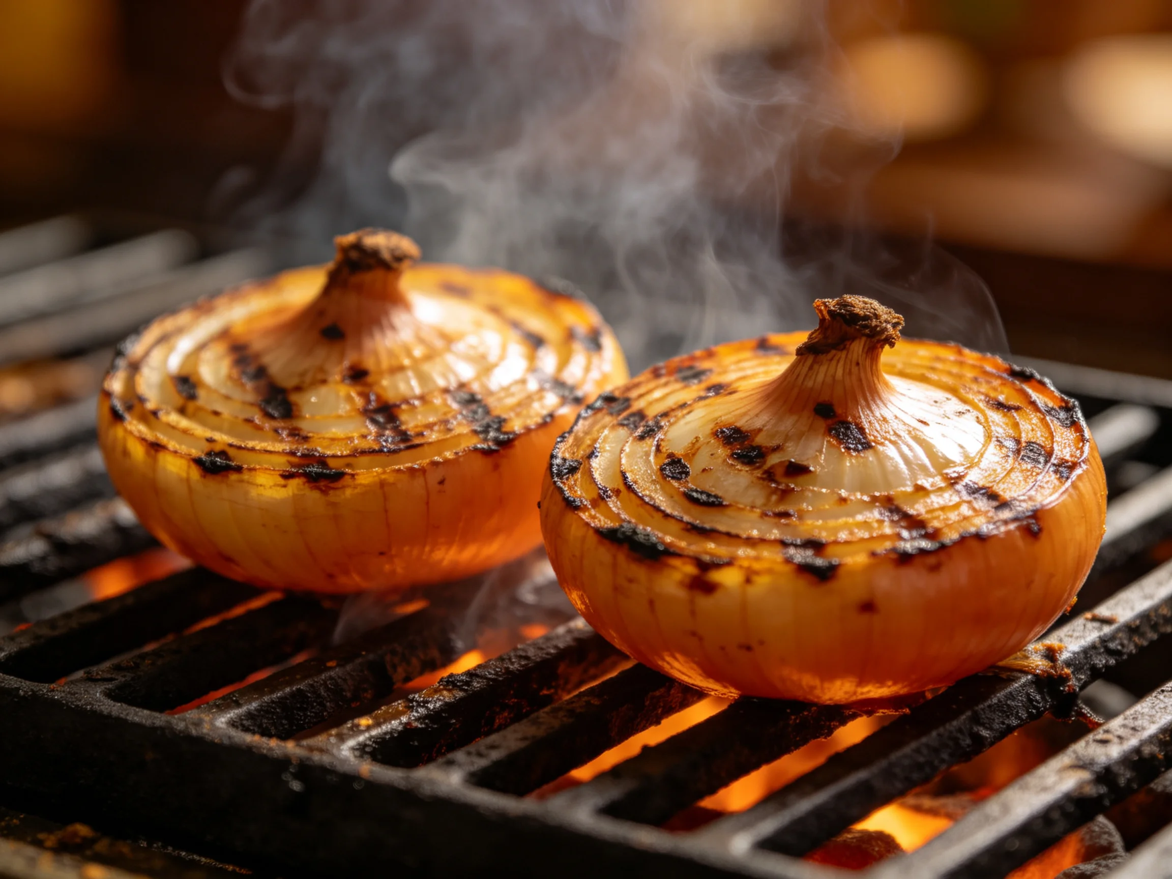 Two golden-brown grilled onions sizzling over open flames