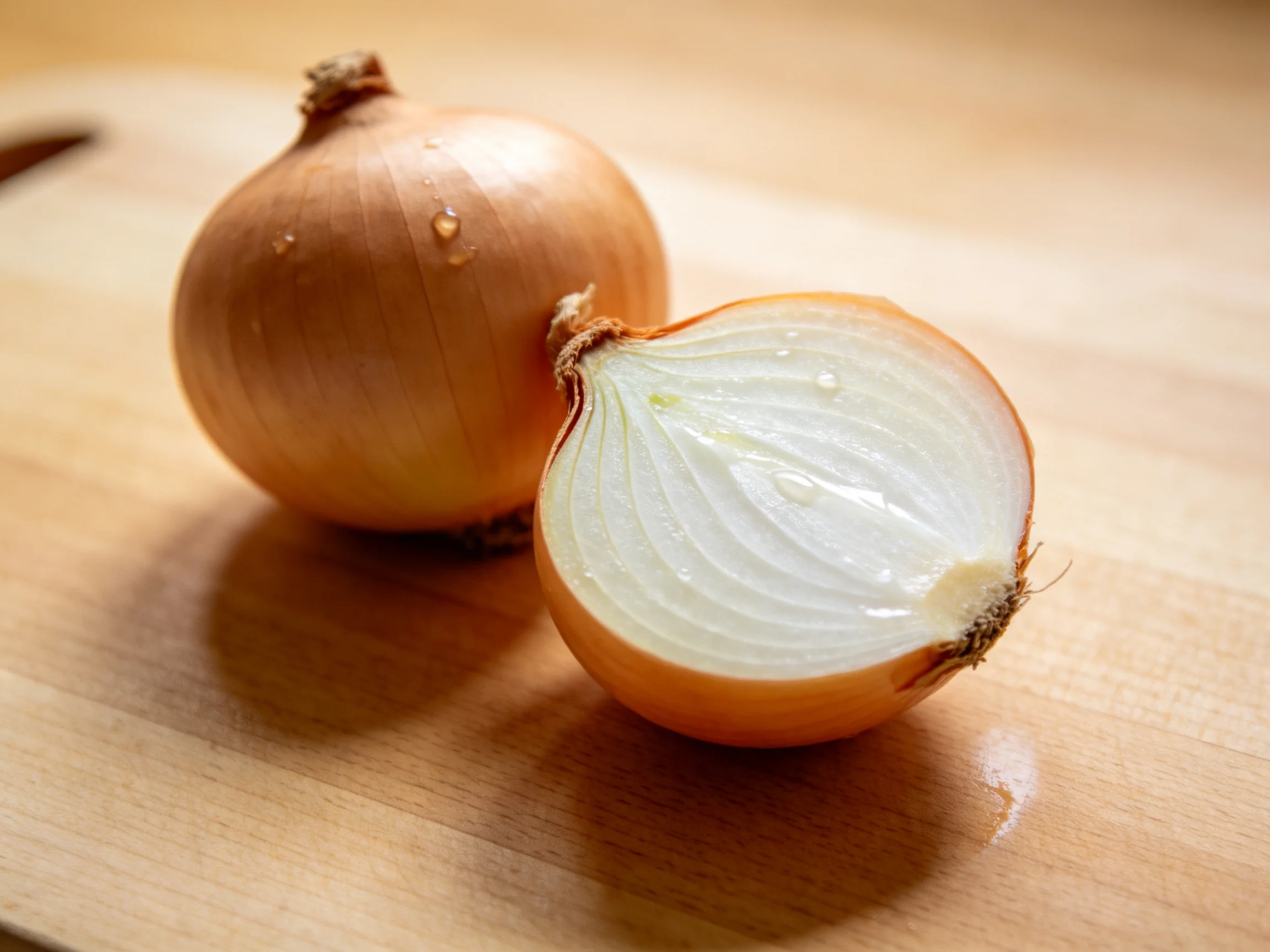 Two golden-brown onions, one whole and one halved, rest on a wooden cutting board