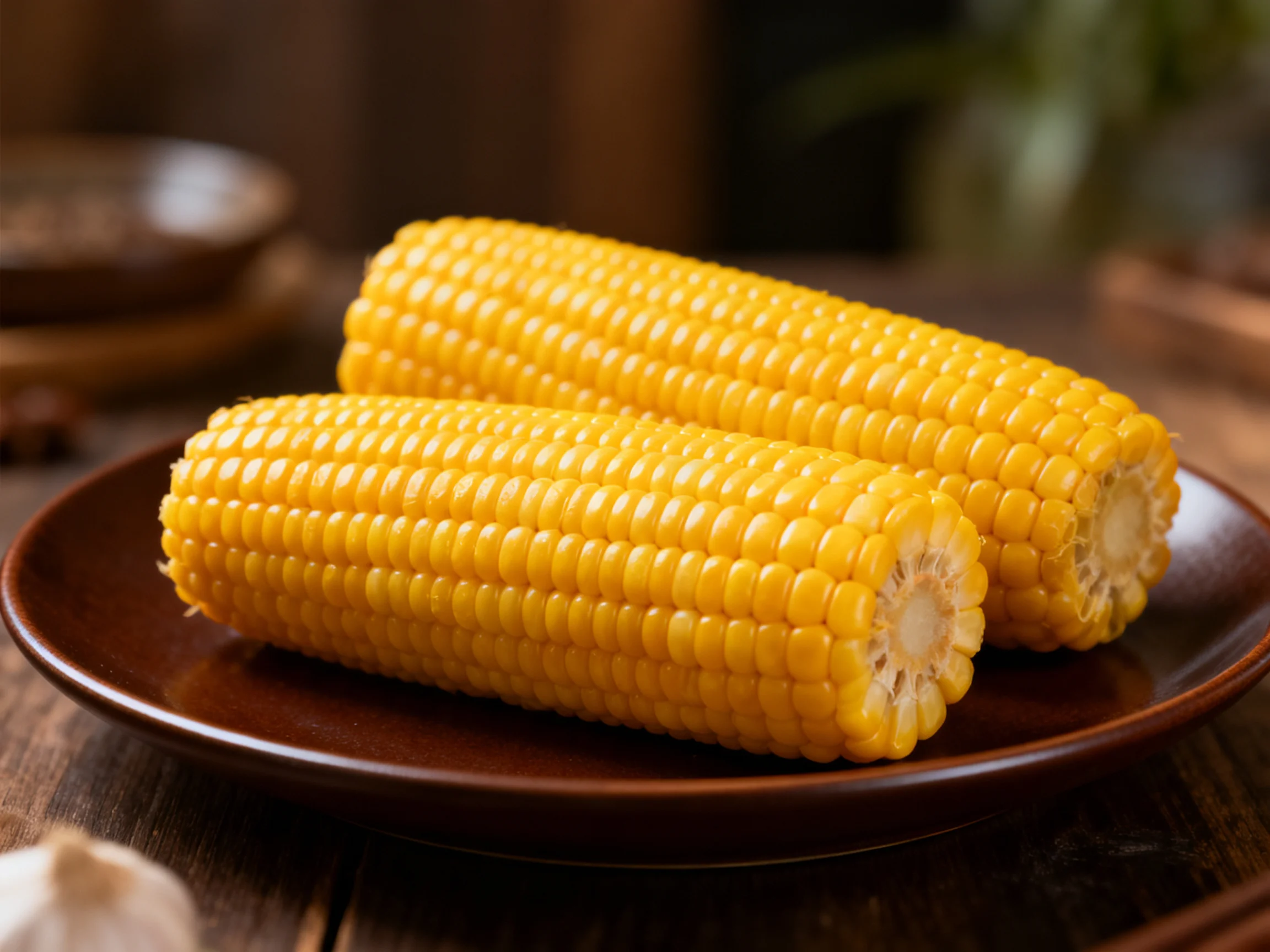 Two golden corn cobs arranged on a dark brown plate