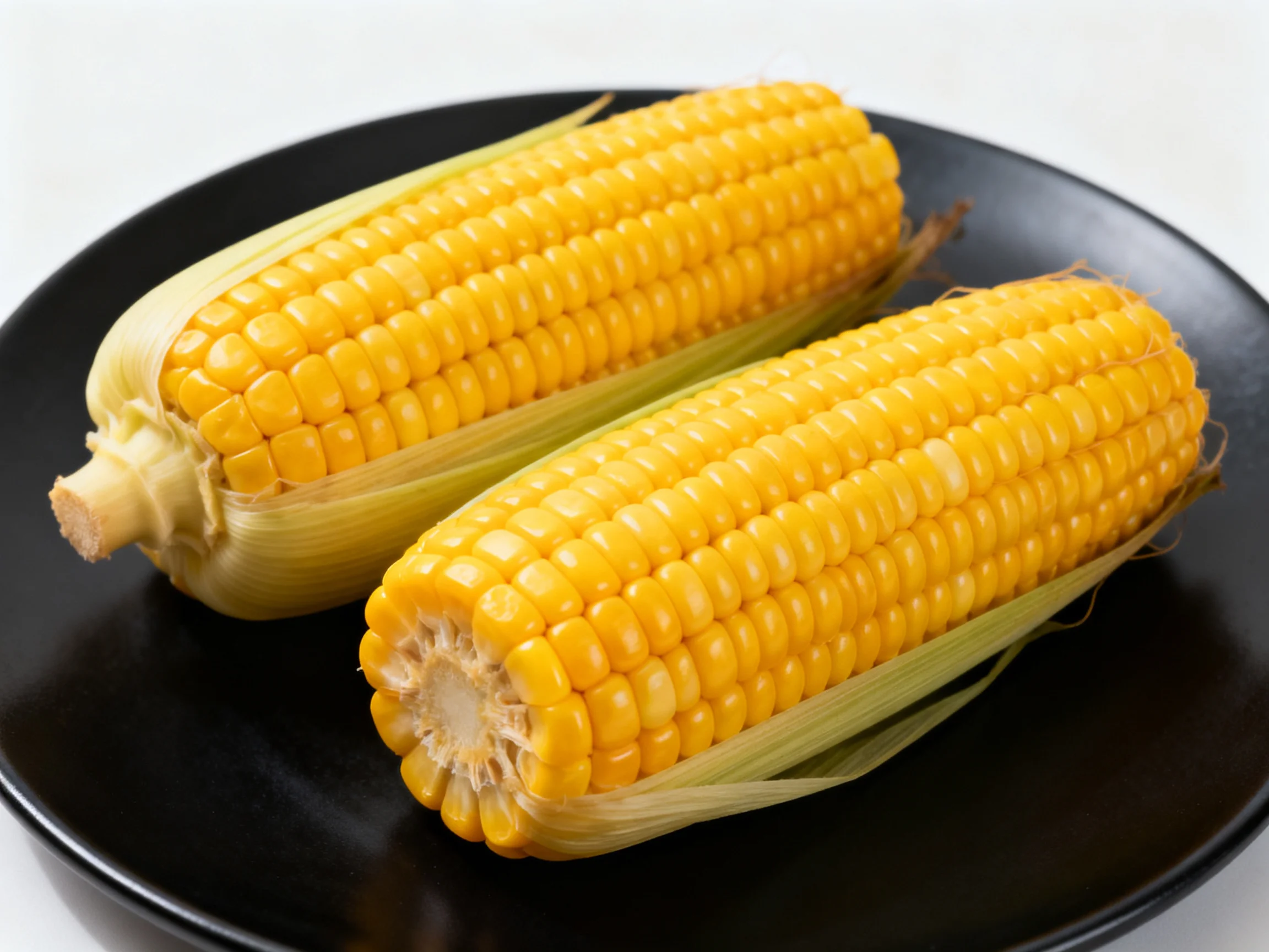 Two golden corn cobs displayed on a sleek black plate