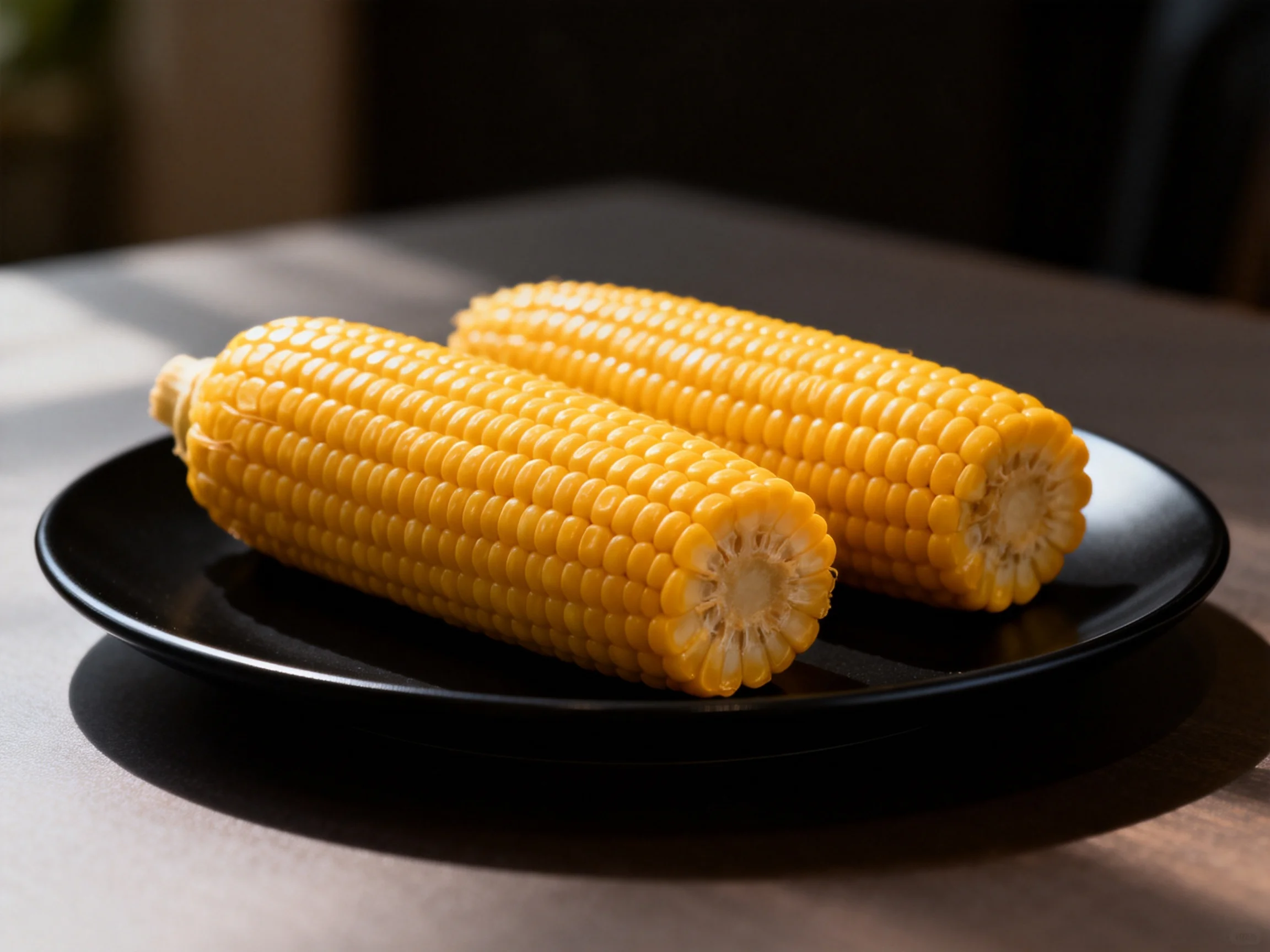 Two golden corn cobs on a glossy black plate