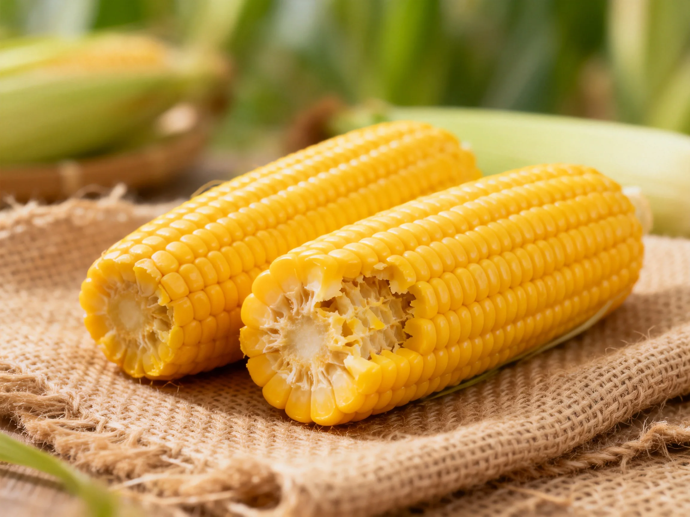Two golden corn cobs placed on a textured burlap cloth