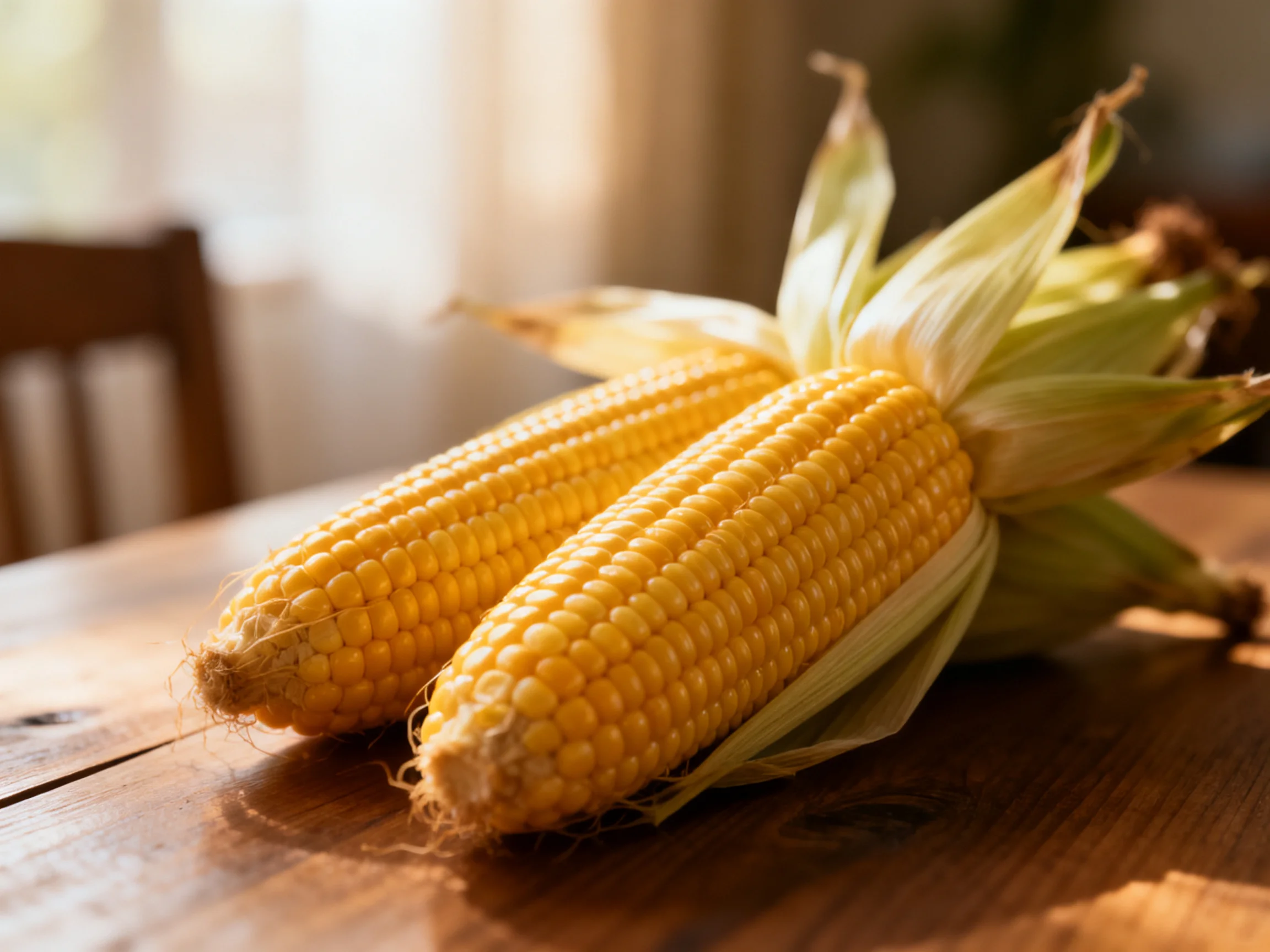 Two golden corn cobs rest on a polished wooden table