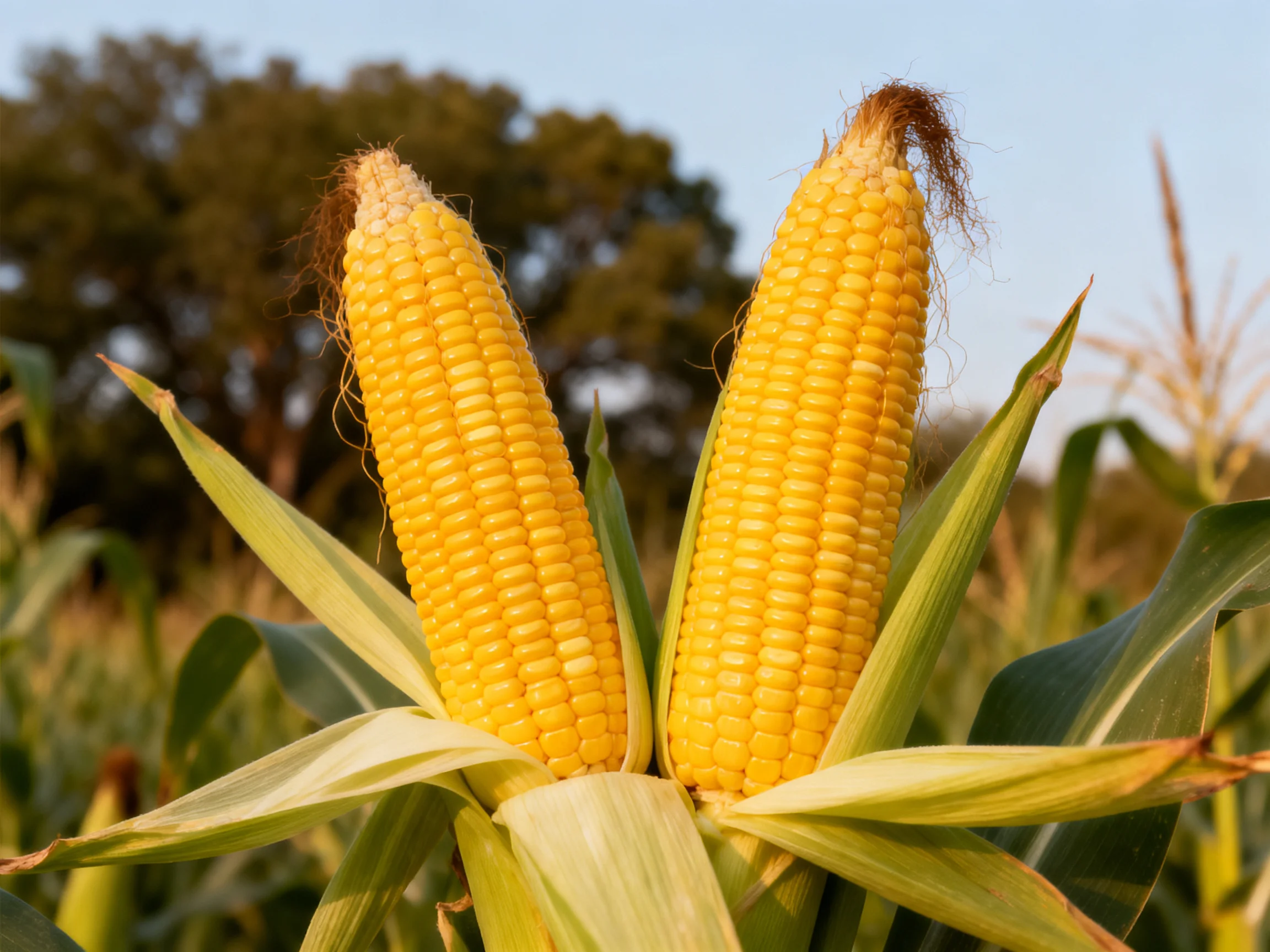 Two golden corn cobs with green husks in a sunny field