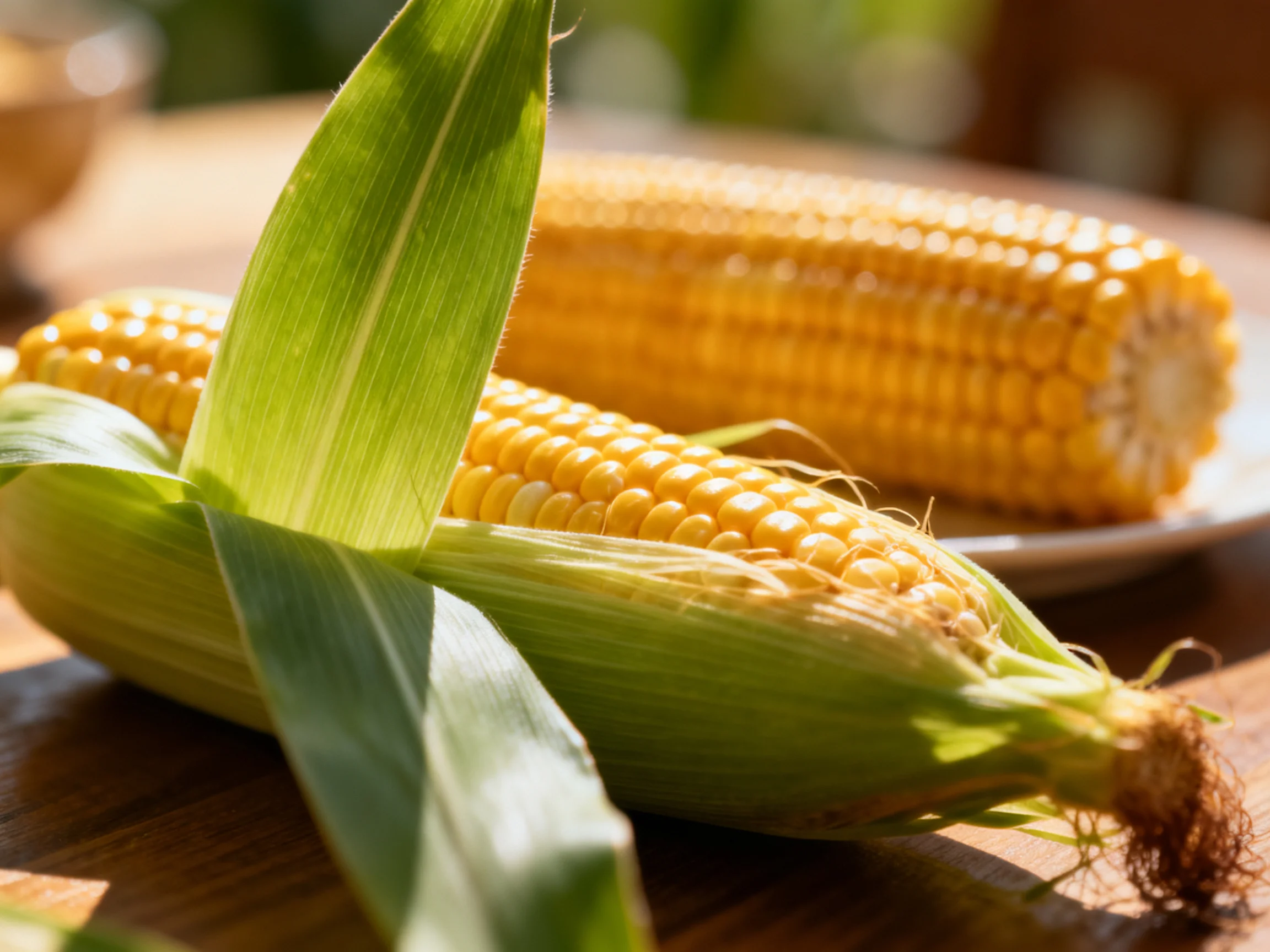 Two golden corn cobs with green husks on a wooden surface