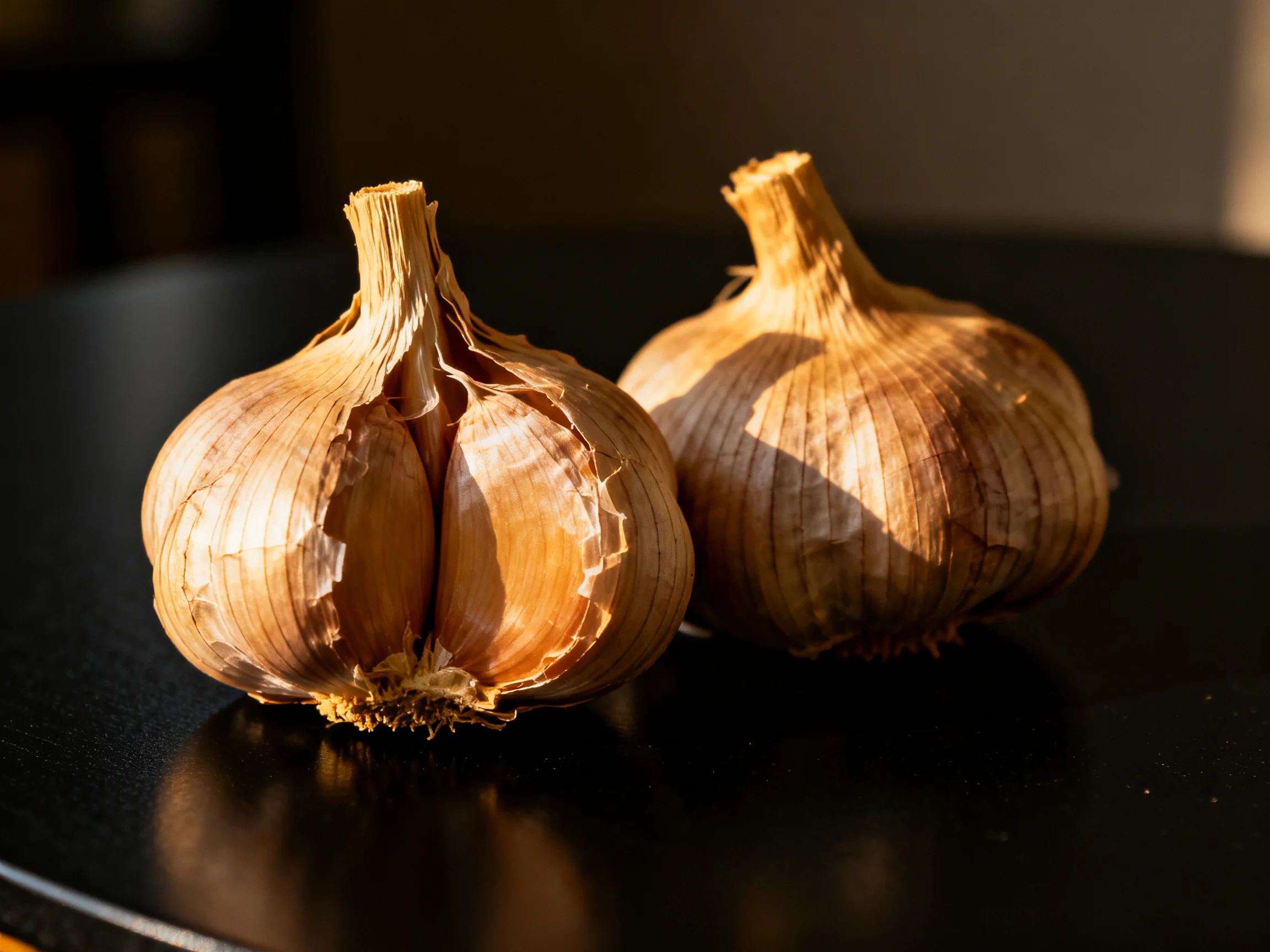 Two golden garlic bulbs rest on a dark surface with warm lighting