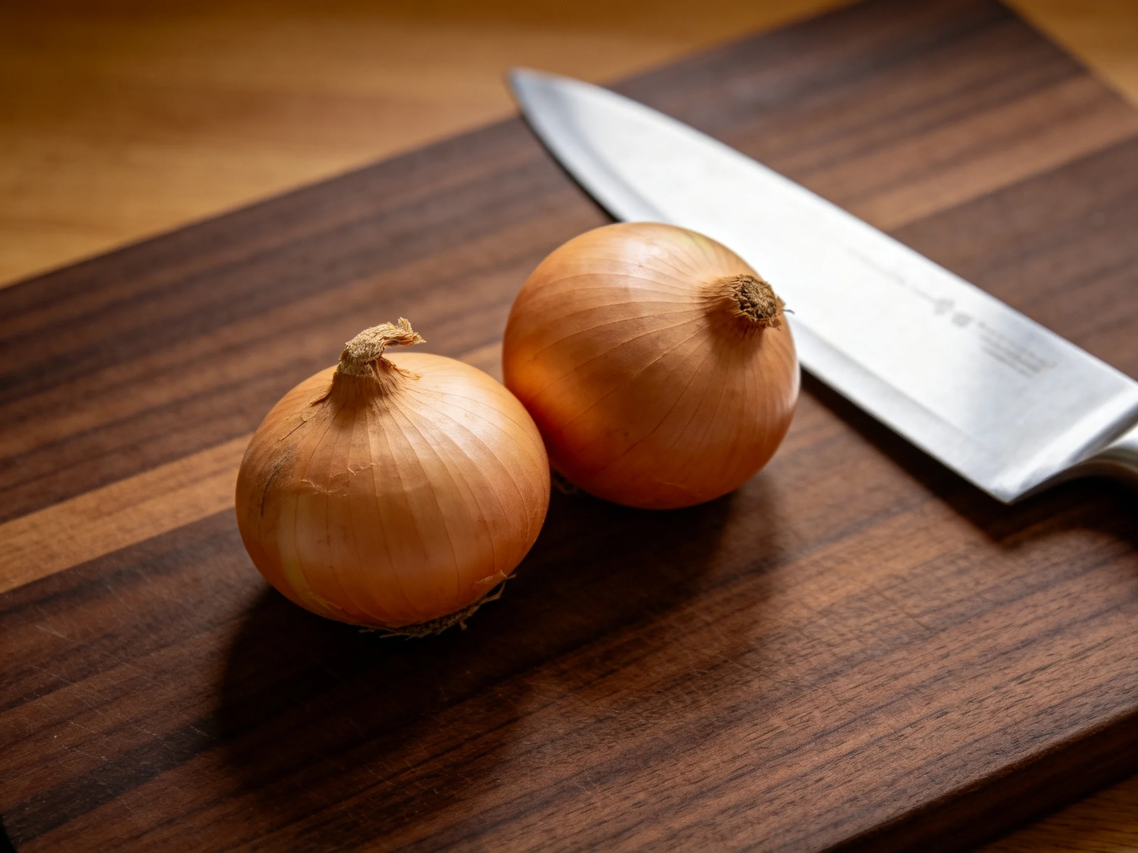 Two golden onions rest beside a sharp chefs knife on a striped wooden cutting board
