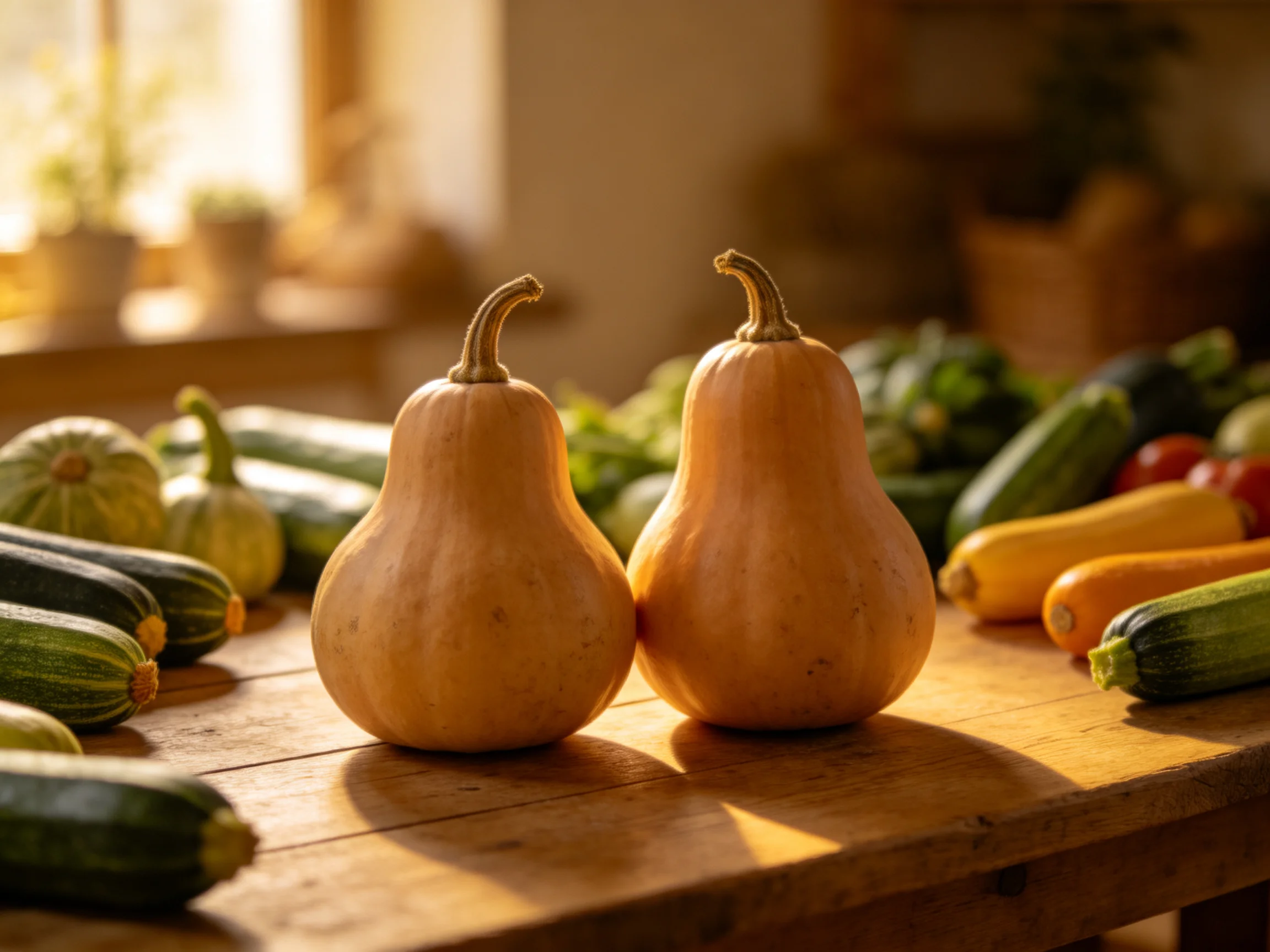 Two golden pear - shaped squash sit among assorted vegetables on a sunlit wooden table