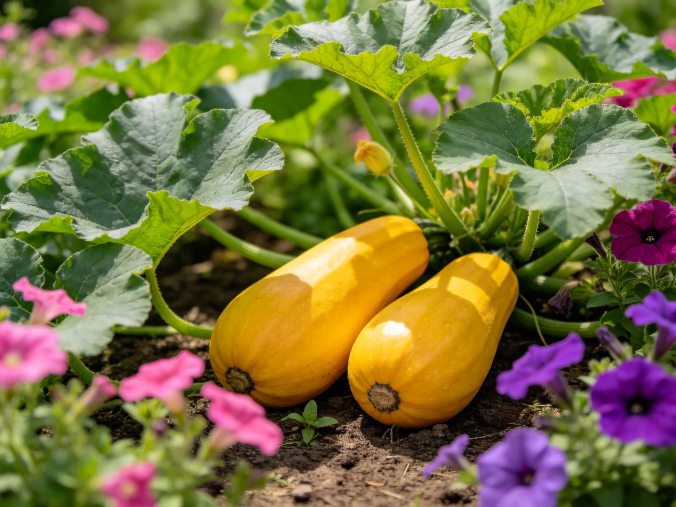 Two golden squashes rest amid large green leaves and bright pink-purple flowers