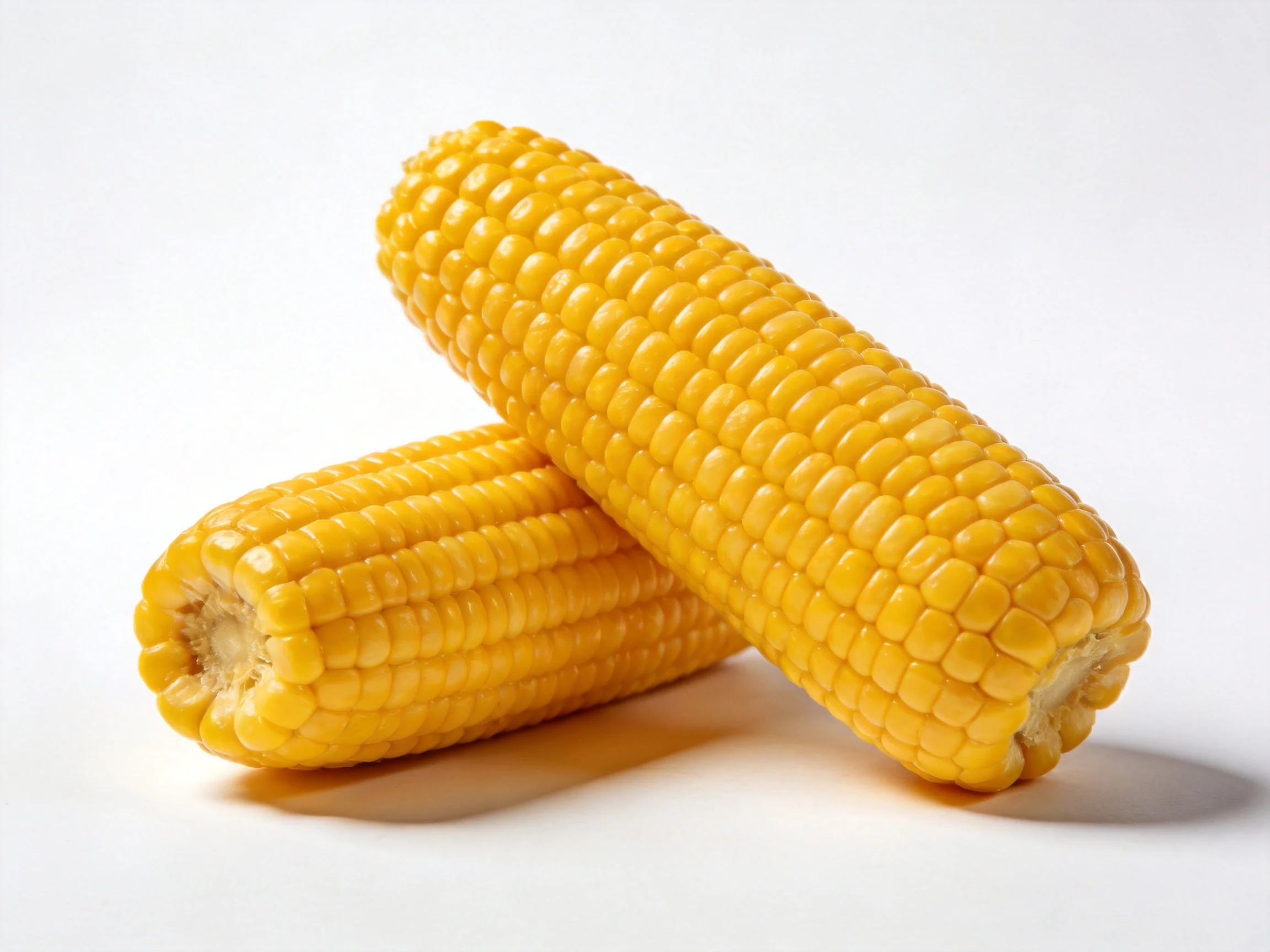 Two golden-yellow corn cobs leaning upon each other