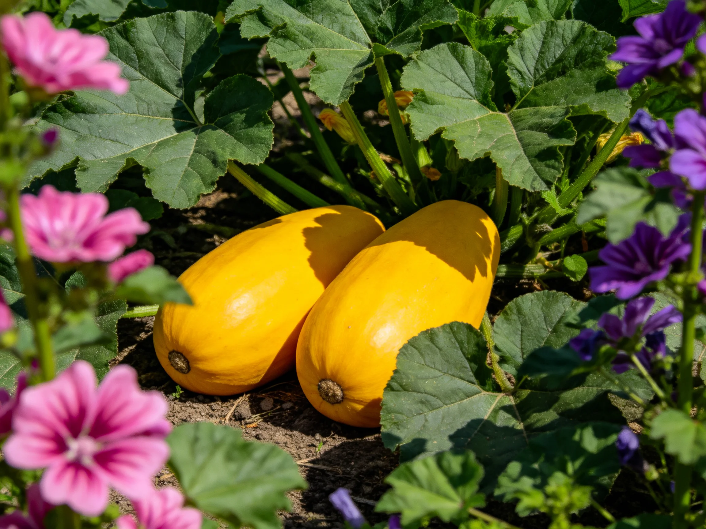 Two golden-yellow squashes surrounded by lush green leaves and pink-purple flowers