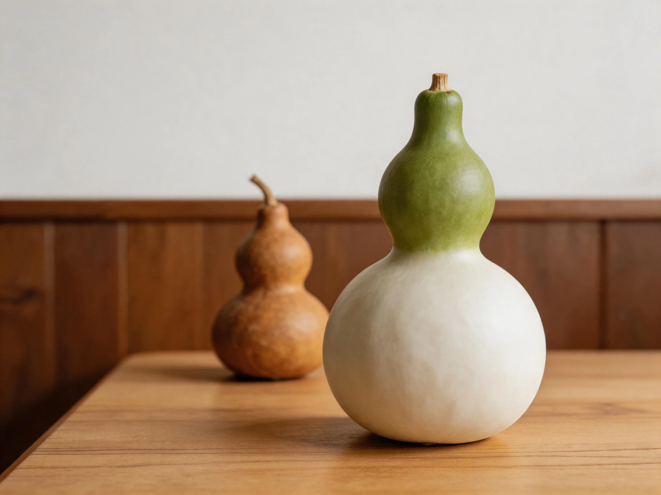 Two gourds, one green and white, one brown, rest on a wooden table