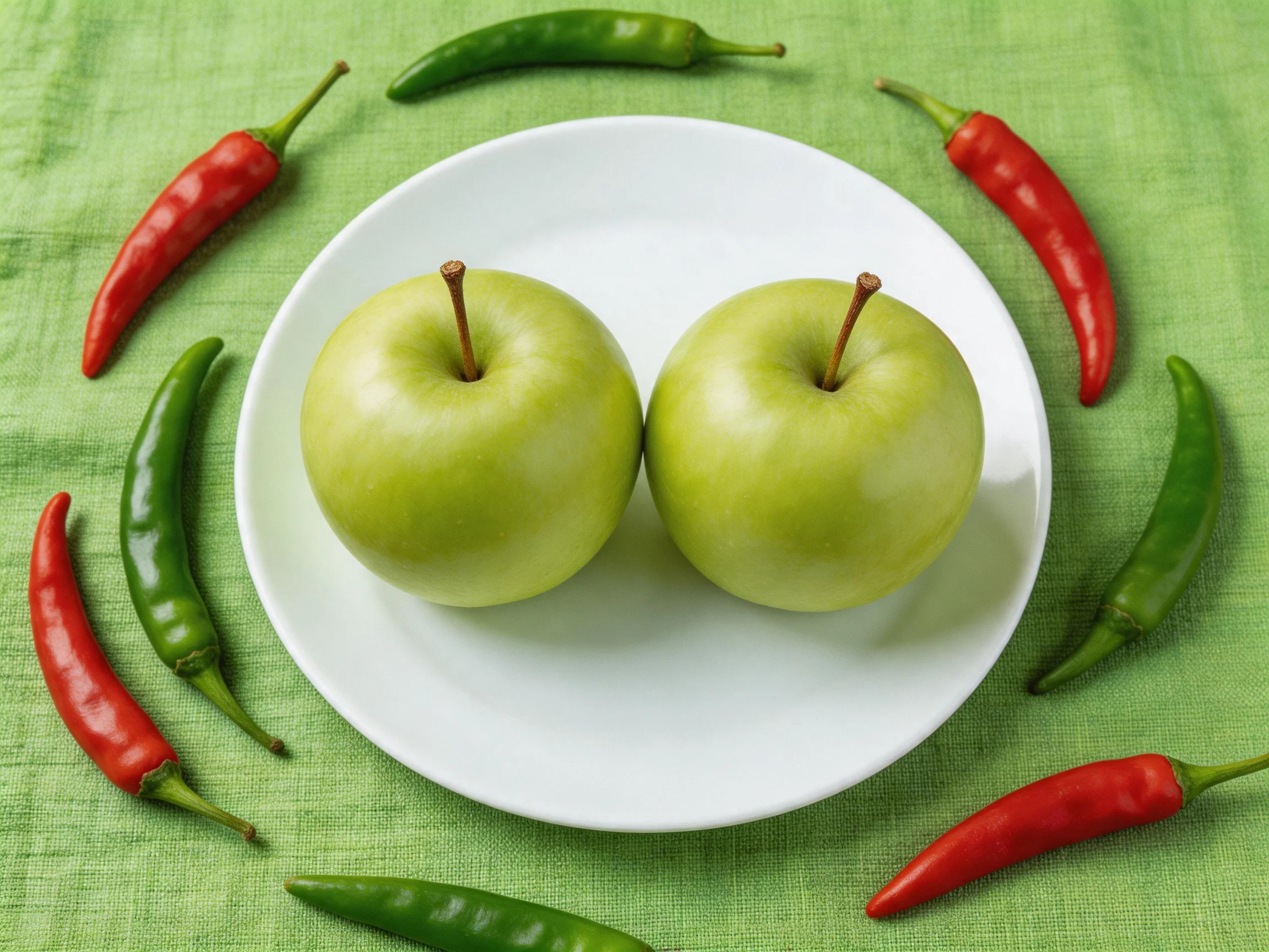 Two green apples on a white plate surrounded by red and green chili peppers