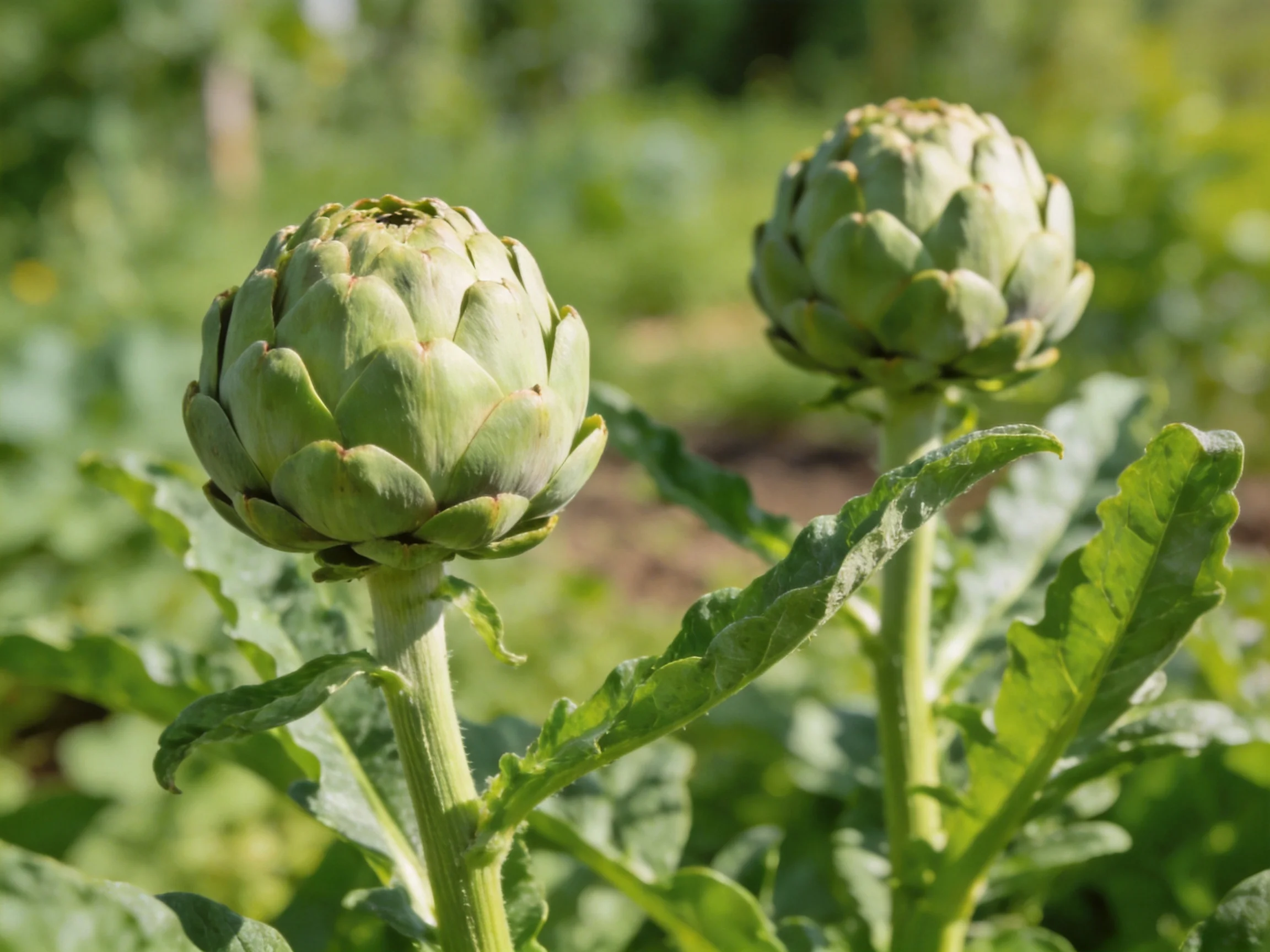 Two green artichoke buds growing among lush foliage