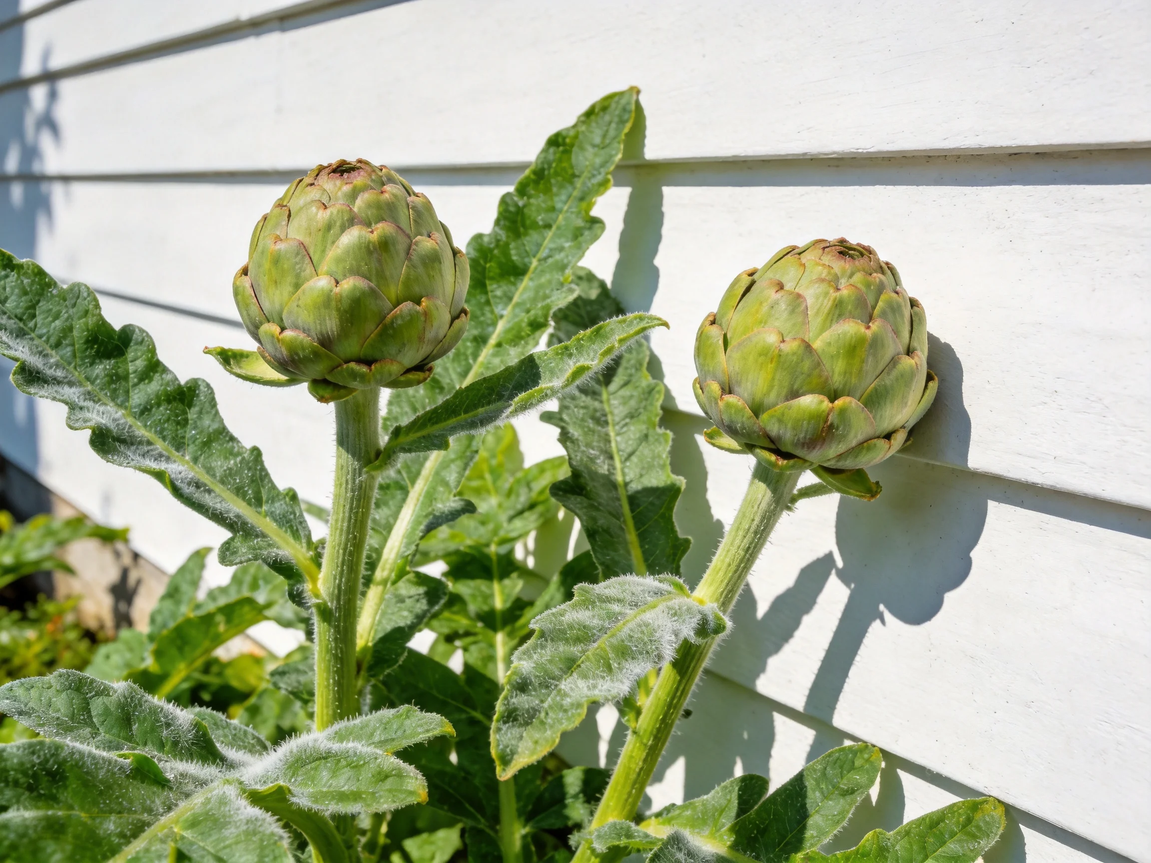 Two green artichoke buds near white horizontal siding