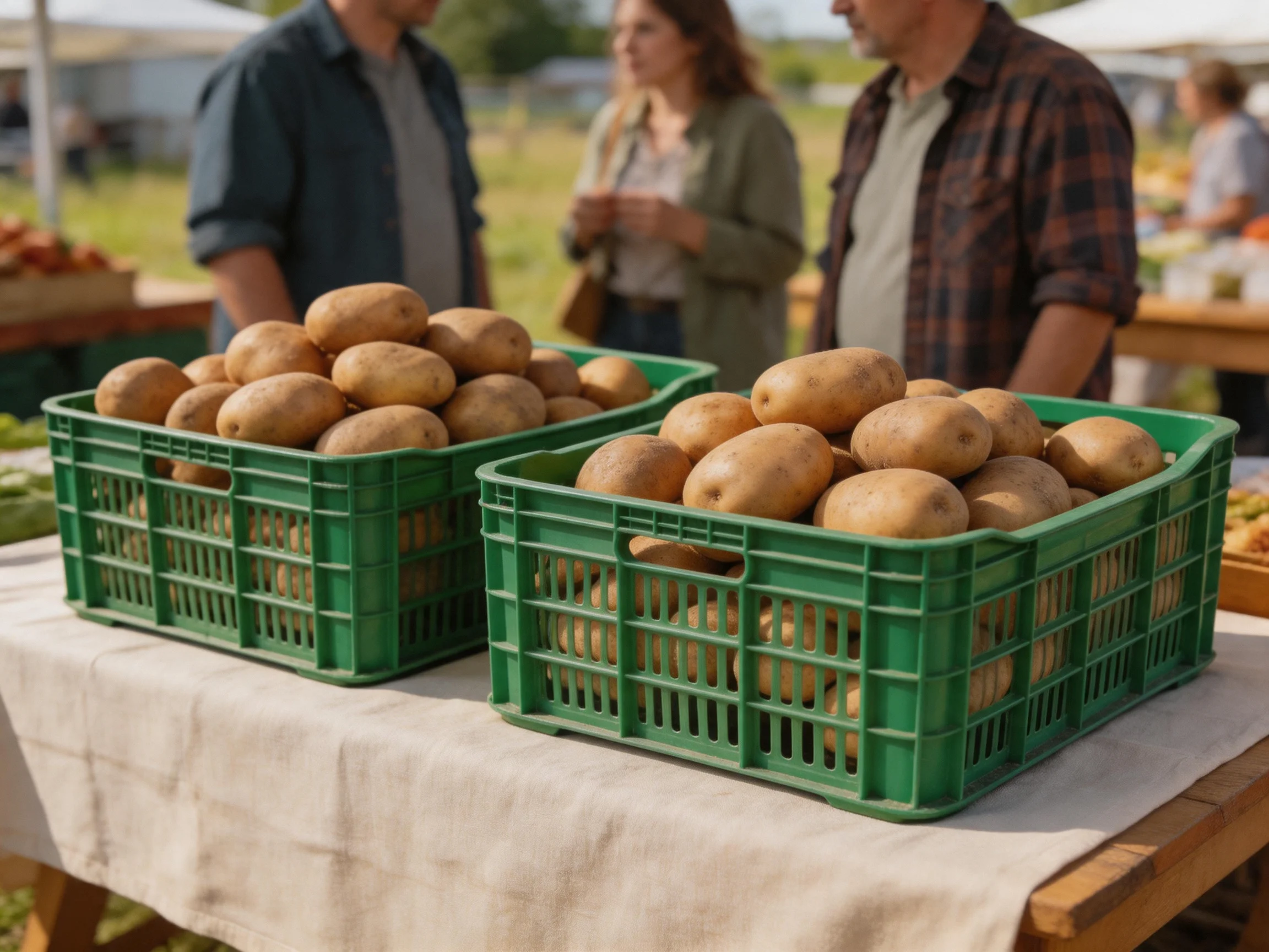 Two green crates hold potatoes at an outdoor market