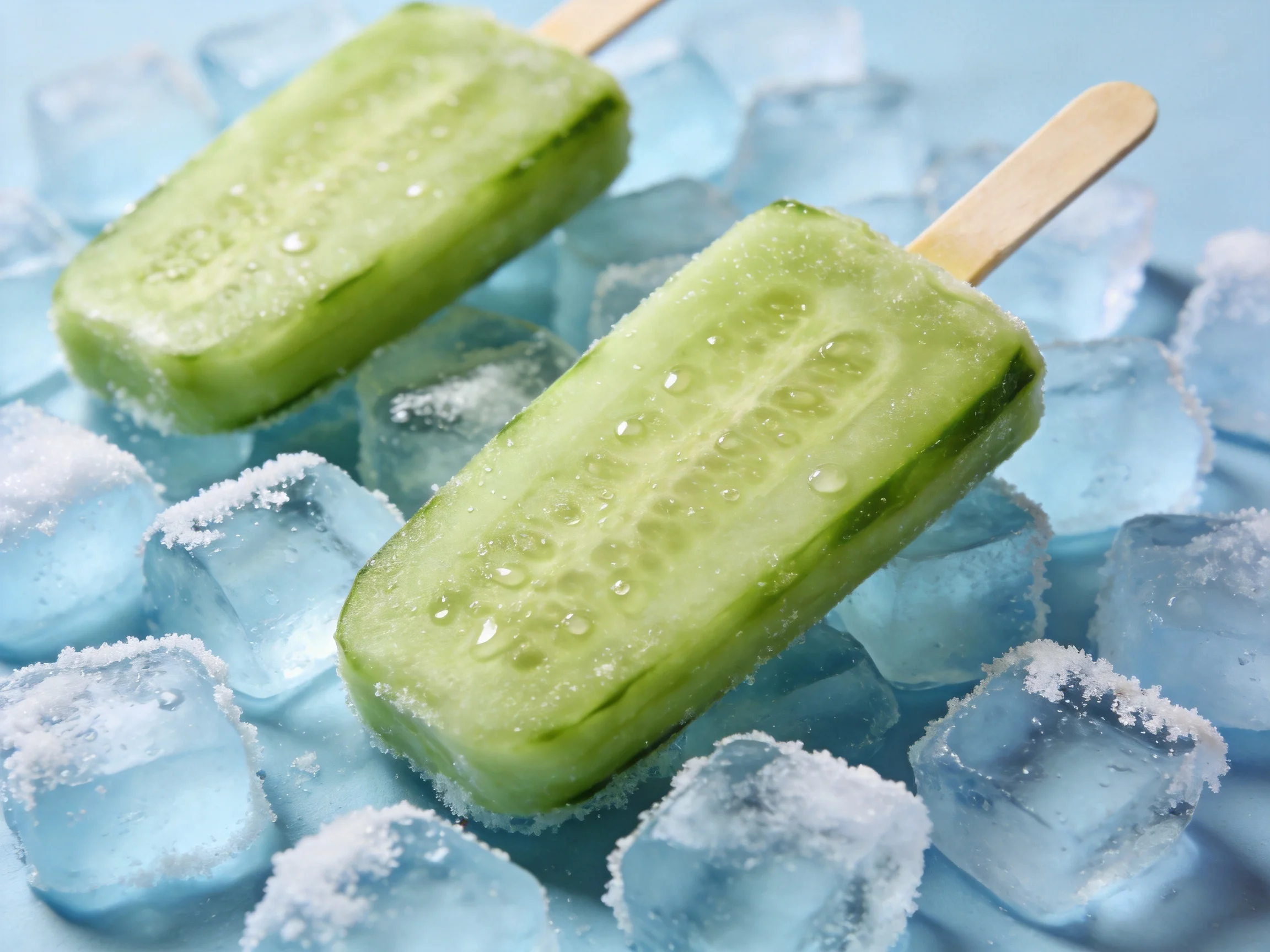 Two green cucumber popsicles rest on sugar-coated ice cubes