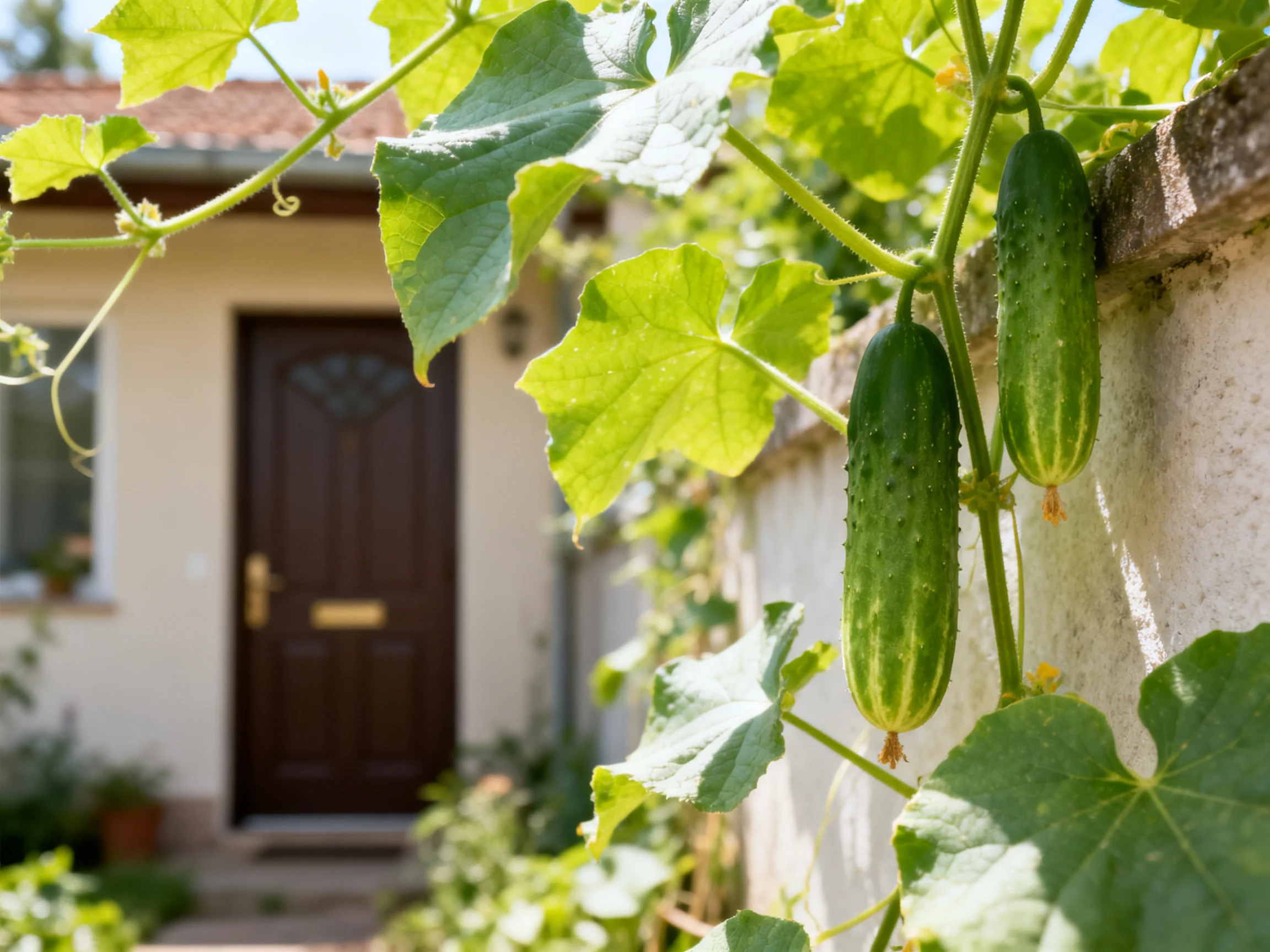 Two green cucumbers grow on a vine next to a beige house with a dark brown door