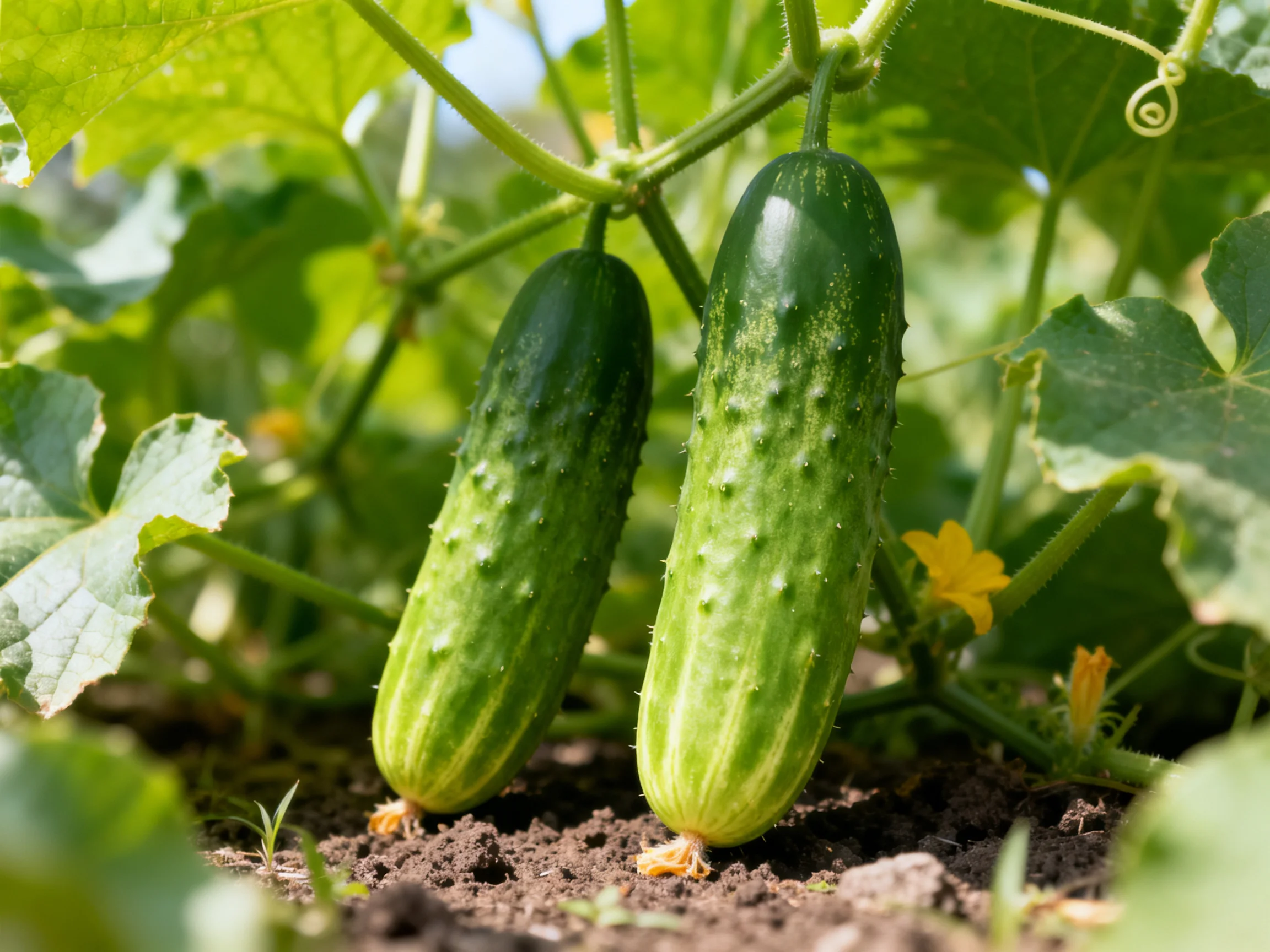 Two green cucumbers with bumps growing among leafy plants