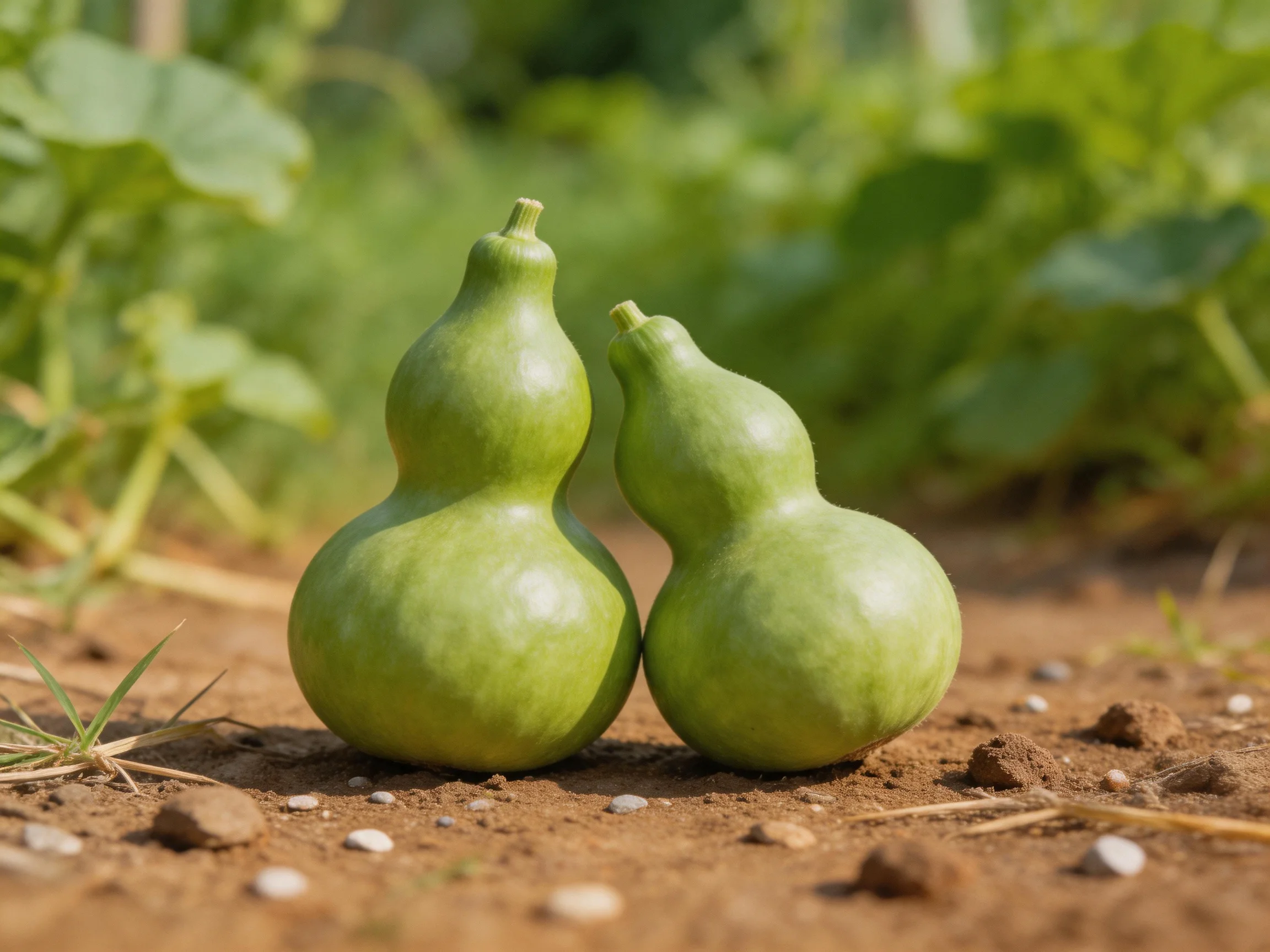 Two green gourds rest on earthy soil amidst lush vegetation