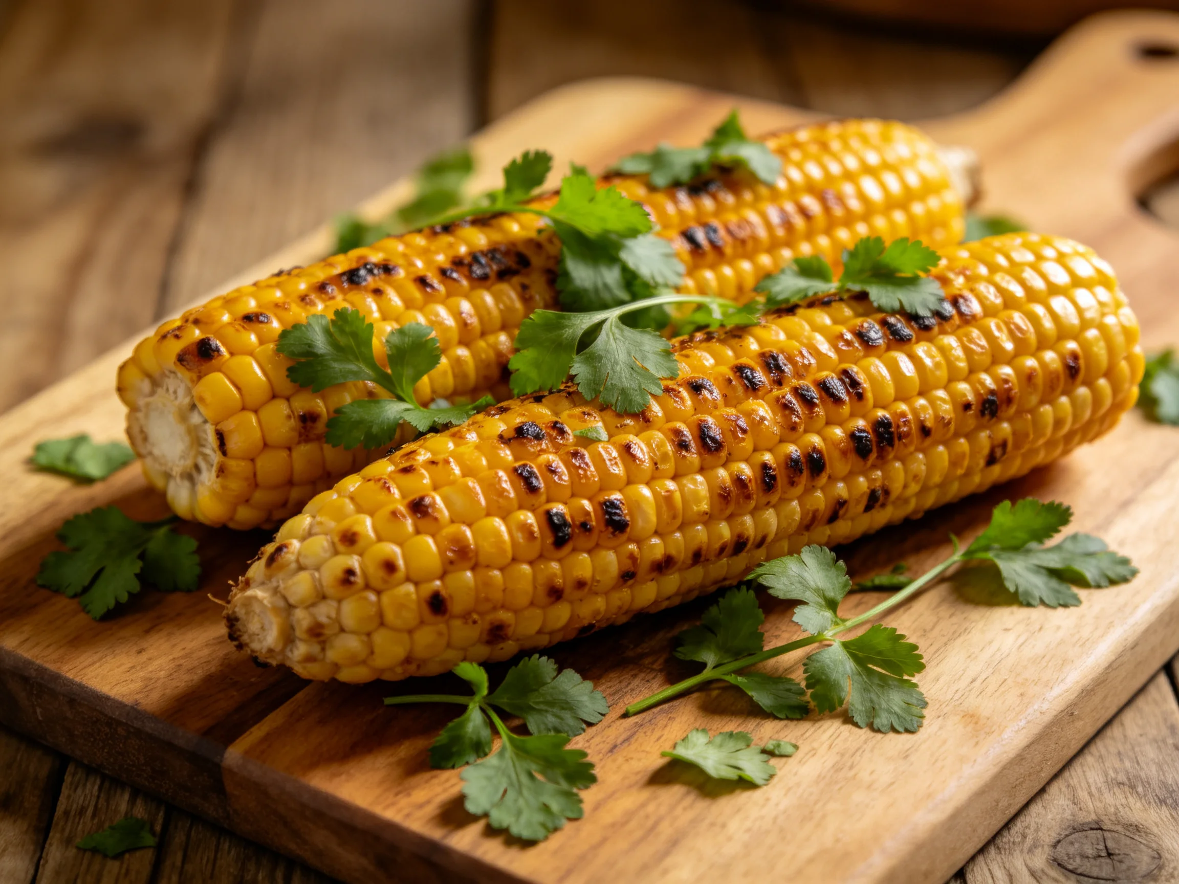 Two grilled corn cobs garnished with fresh cilantro on a wooden cutting board
