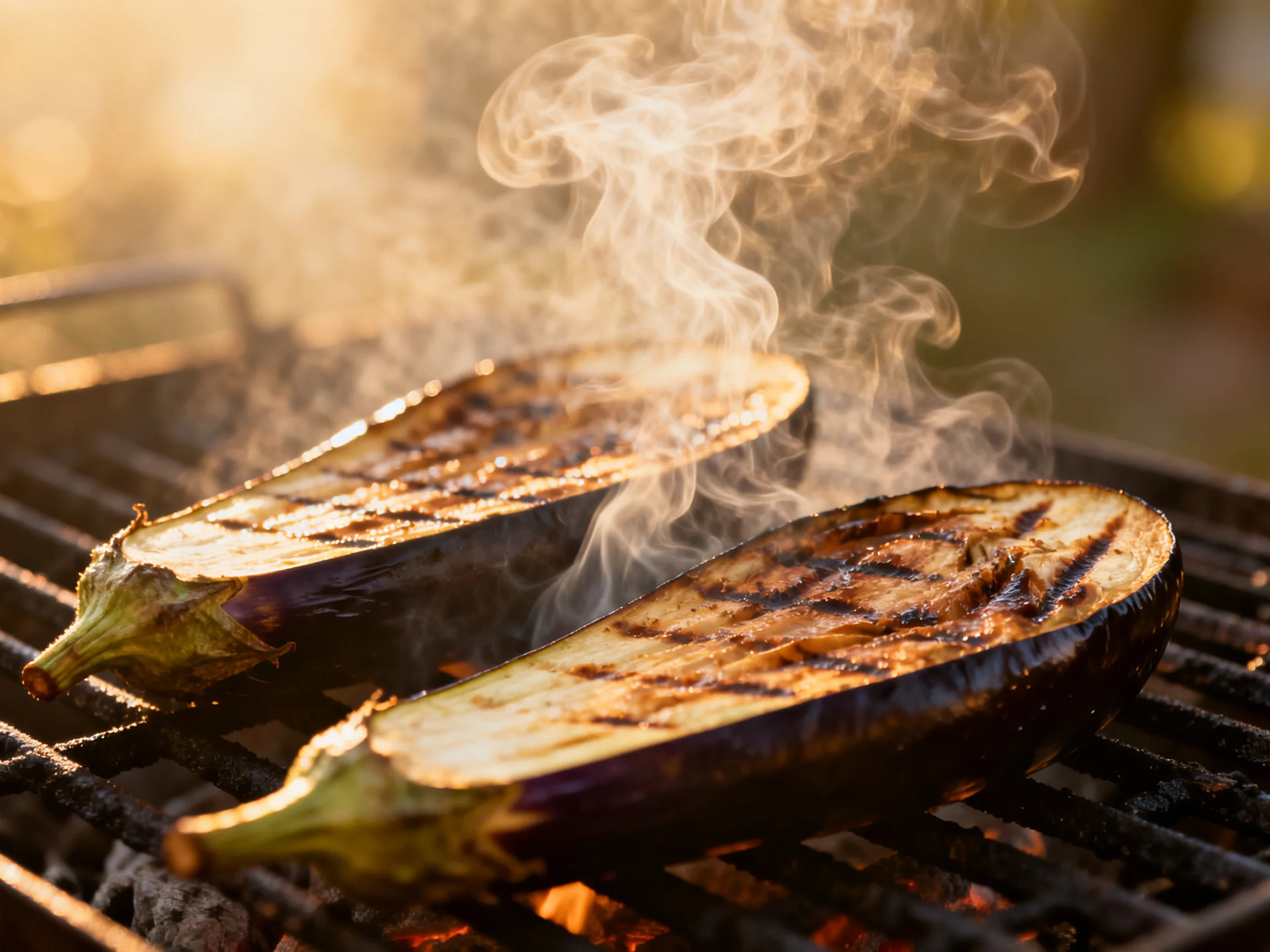 Two grilled eggplant halves cooking on a barbecue grill with rising smoke