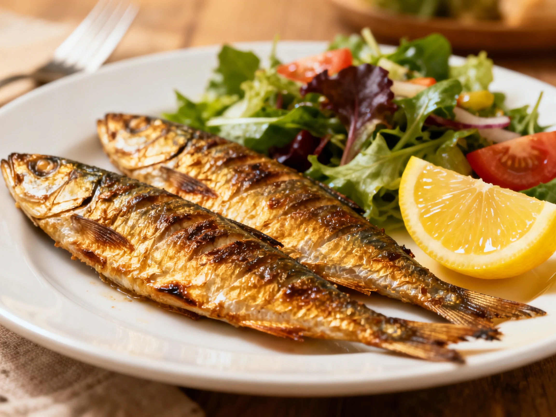 Two grilled fish served with mixed green salad and lemon wedges