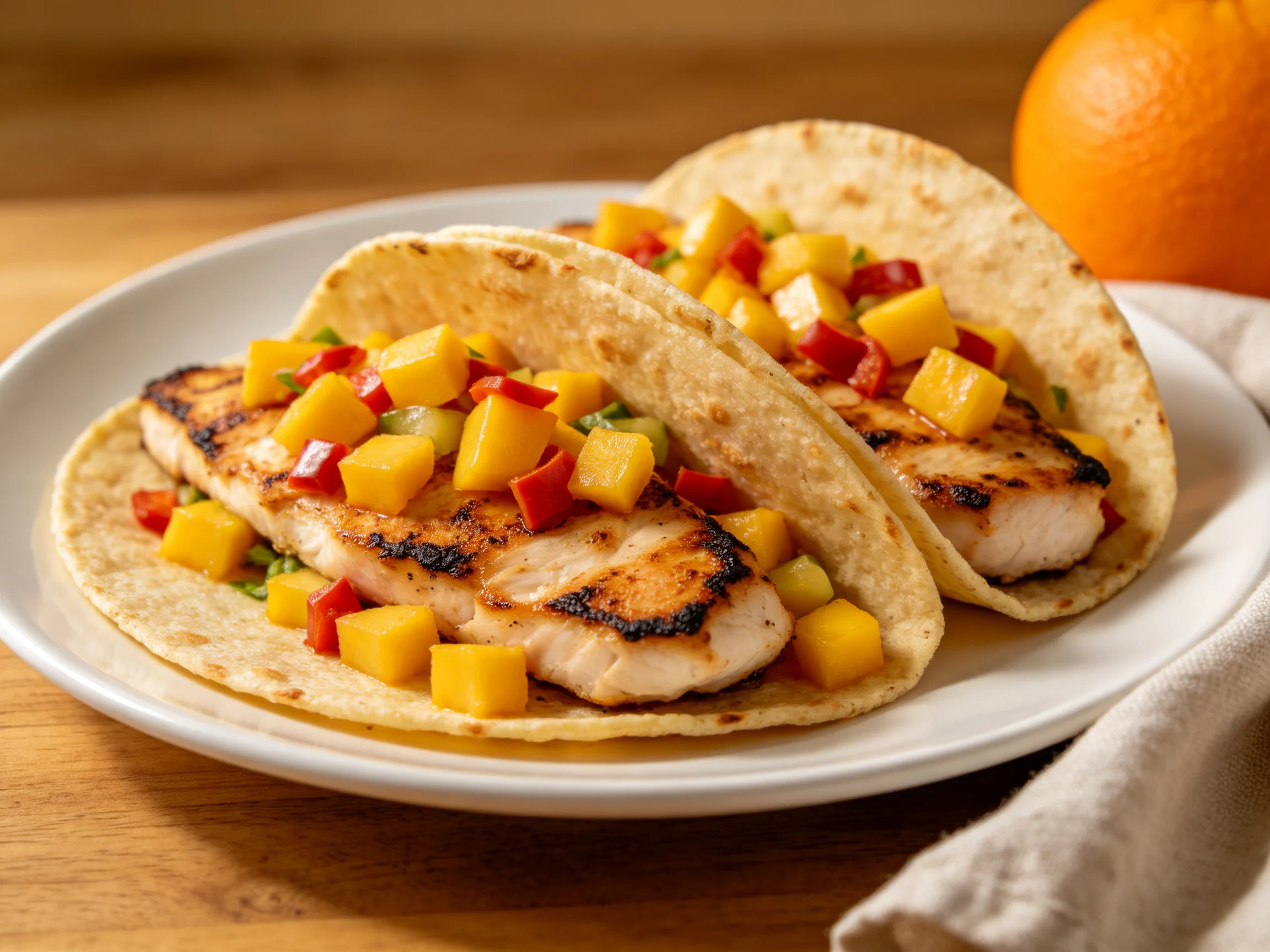 Two grilled fish tacos with mango salsa