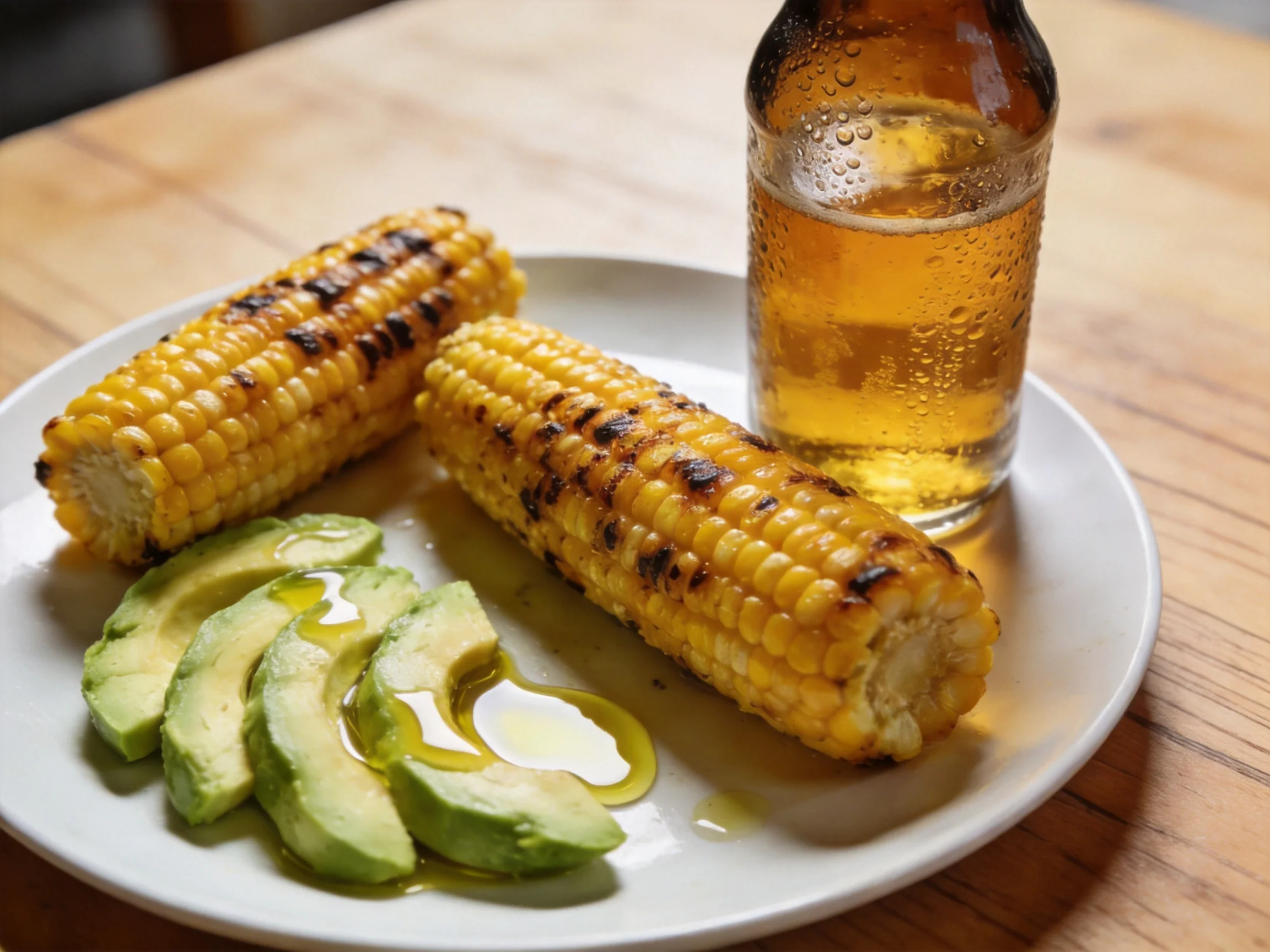 Two grilled golden corn cobs, sliced green avocado, and a brown beer bottle on a white plate